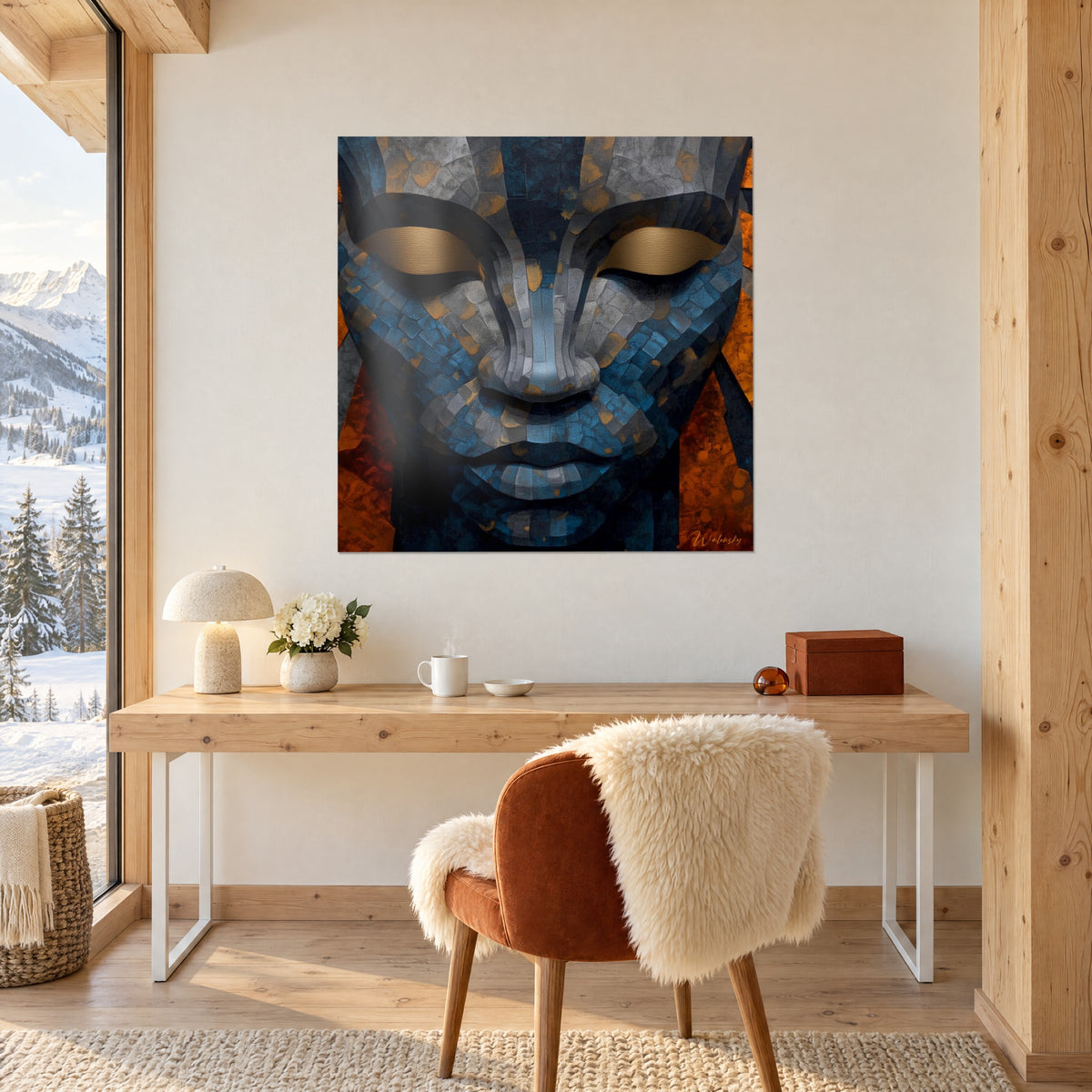 Cuadro rostro escultural en adoquines azules y grises, ojos dorados cerrados, fondo óxido, sobre un escritorio de madera clara y una silla cobriza