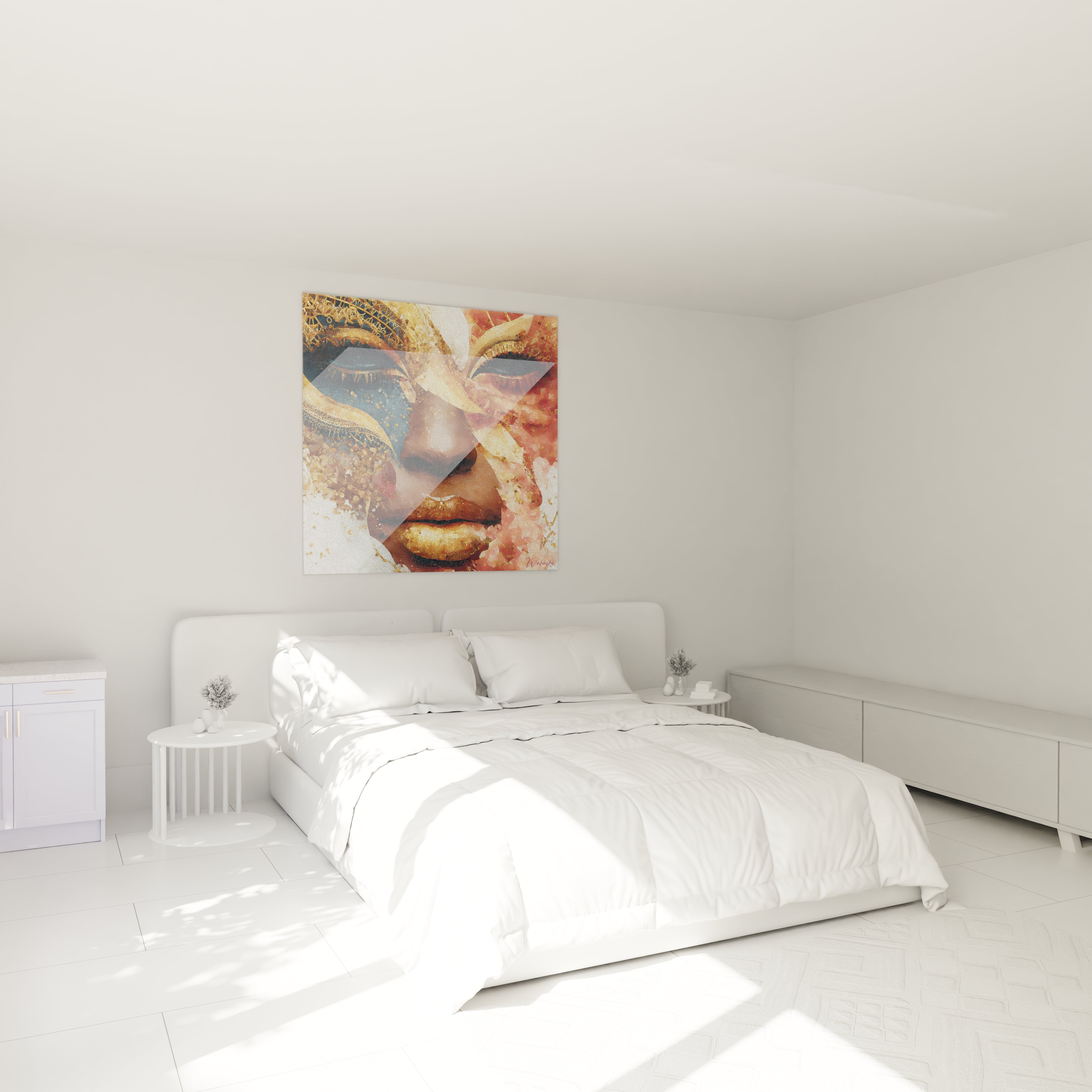 Tableau masque africain moderne de Walensky décorant une chambre spacieuse et lumineuse