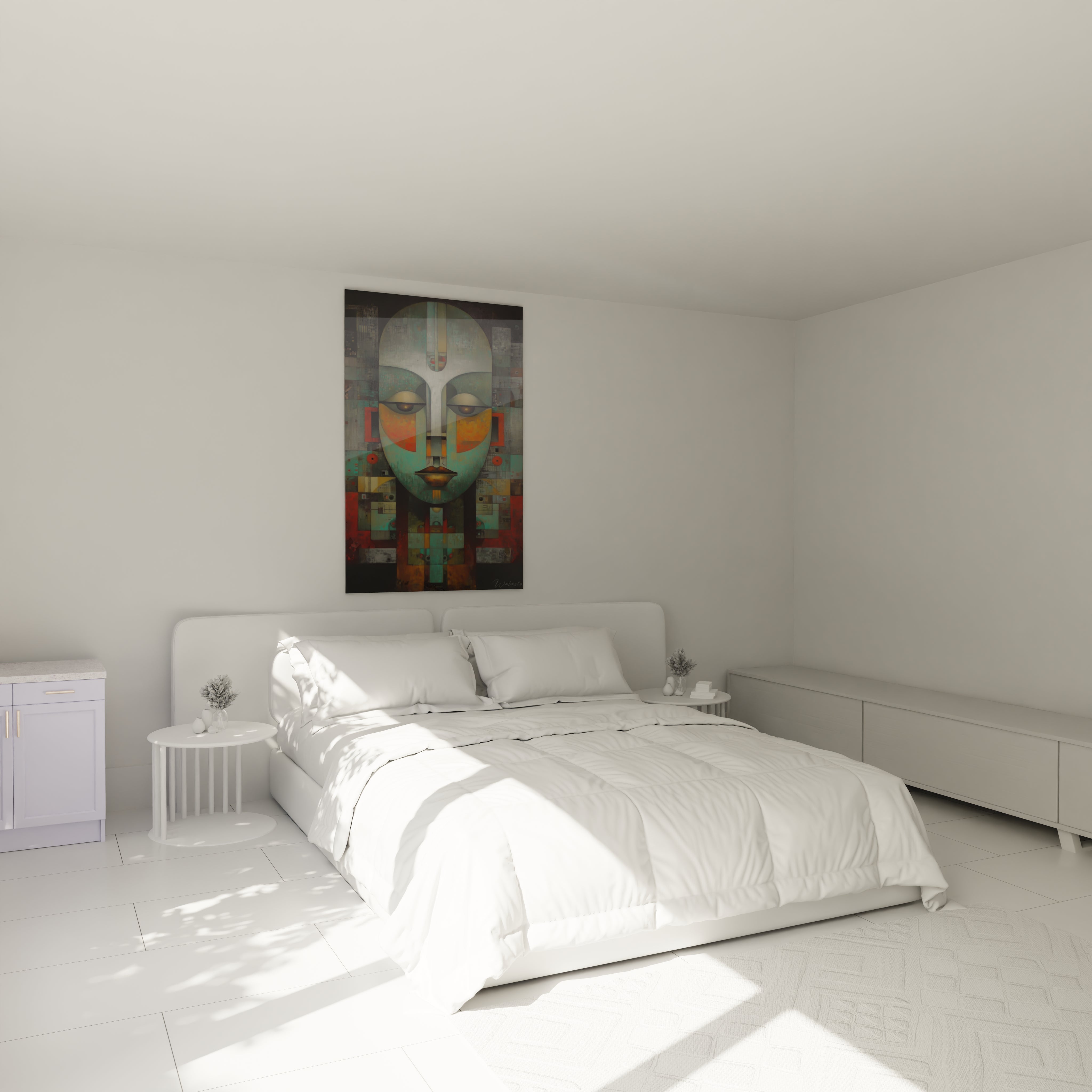 Tableau masque africain moderne de Walensky exposé dans une chambre lumineuse avec un lit blanc