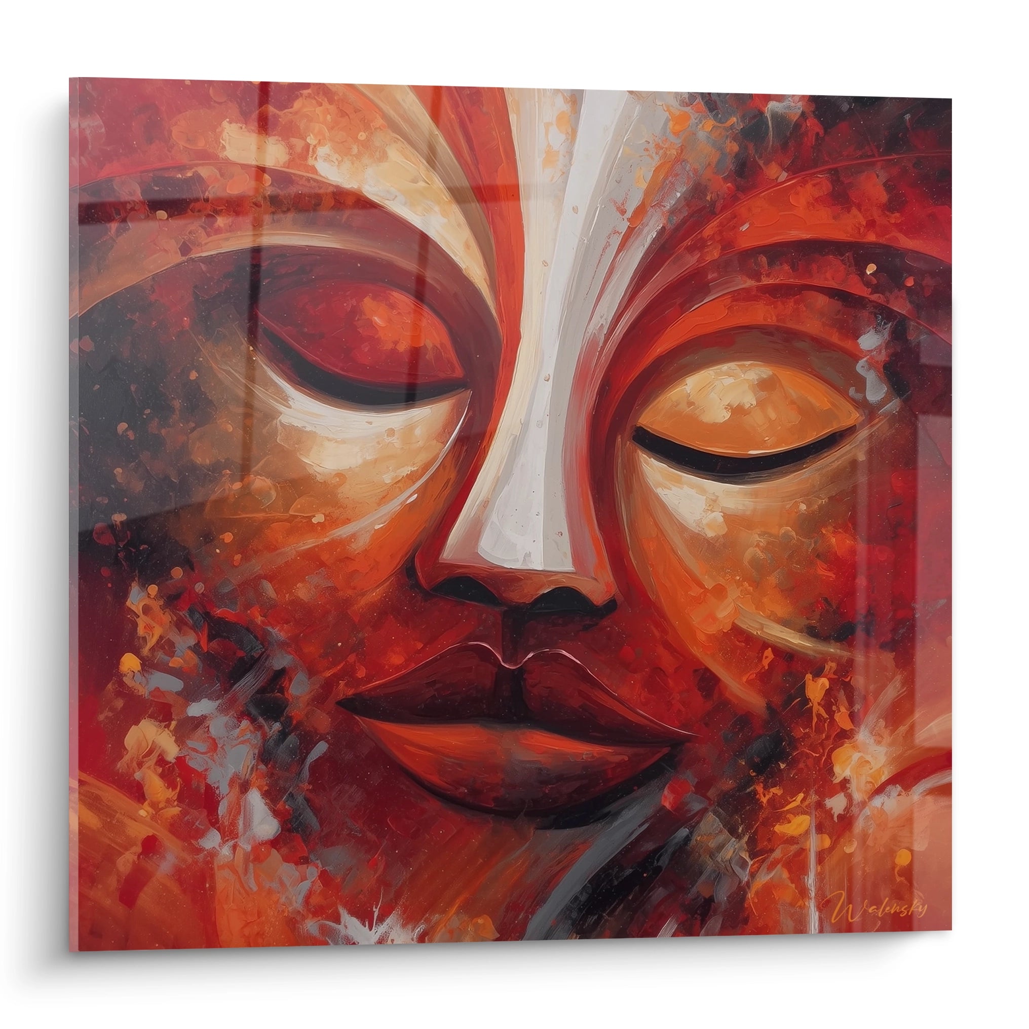 Tableau masque africain moderne de Walensky avec des tons chauds et des détails artistiques