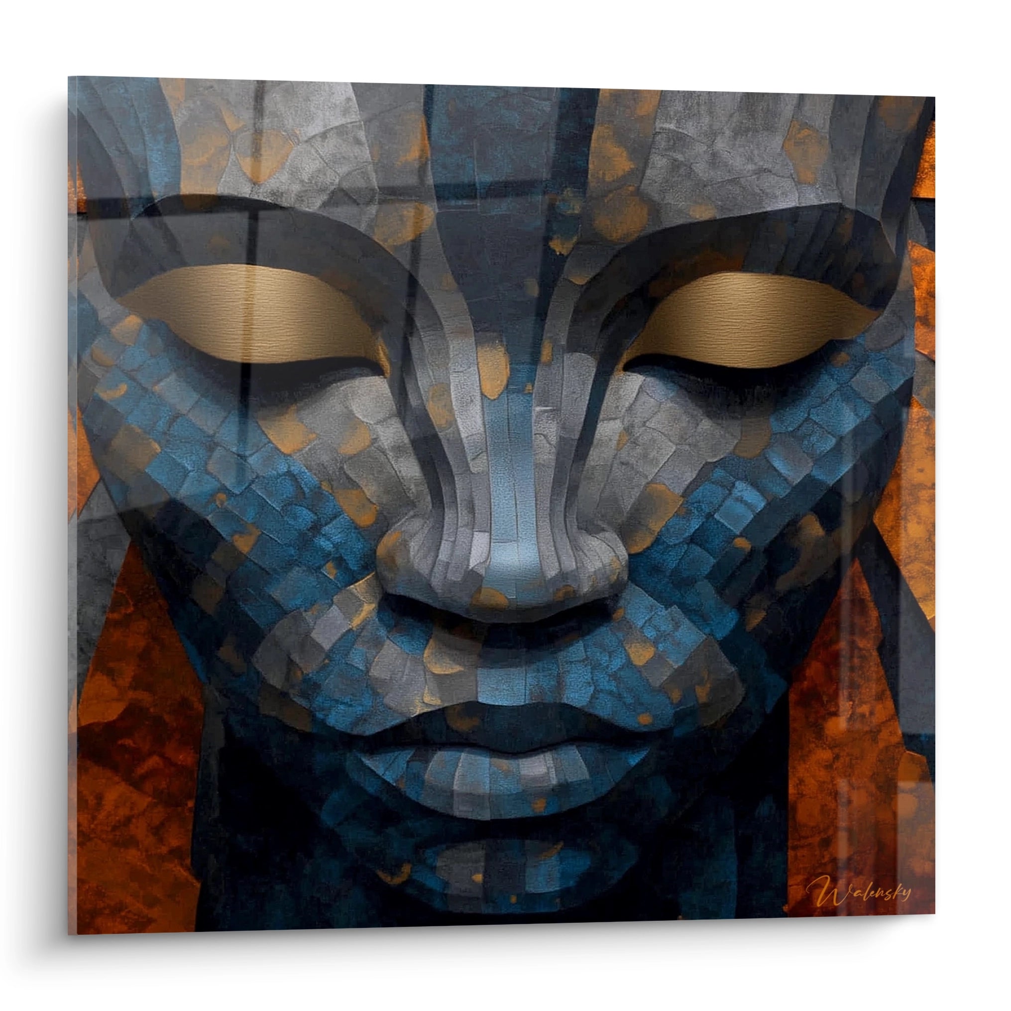 Tableau masque africain moderne en art mural, affichant des motifs géométriques audacieux et des couleurs riches