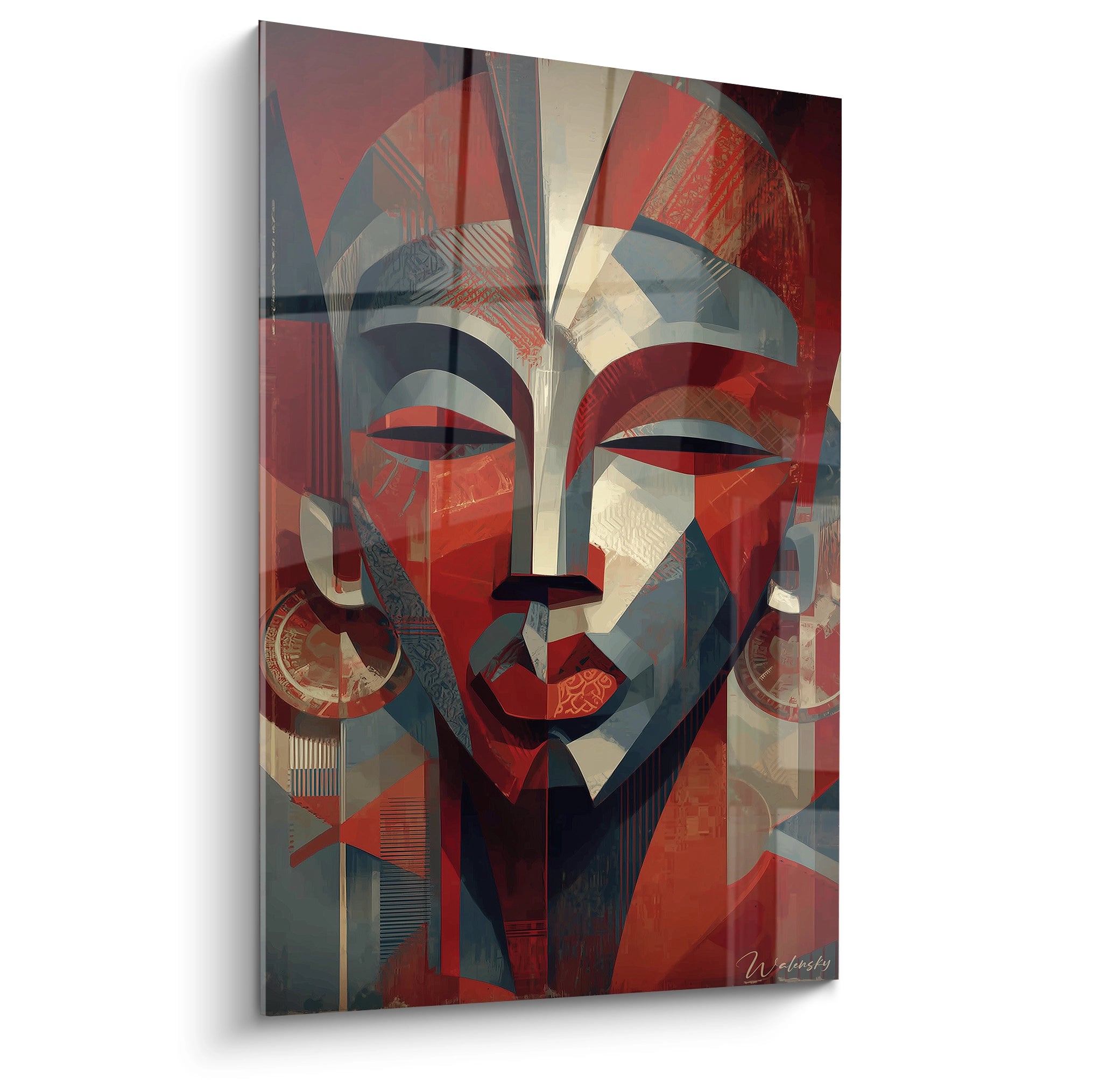 Tableau masque africain moderne de Walensky en couleurs rouge et bleu pour décoration murale
