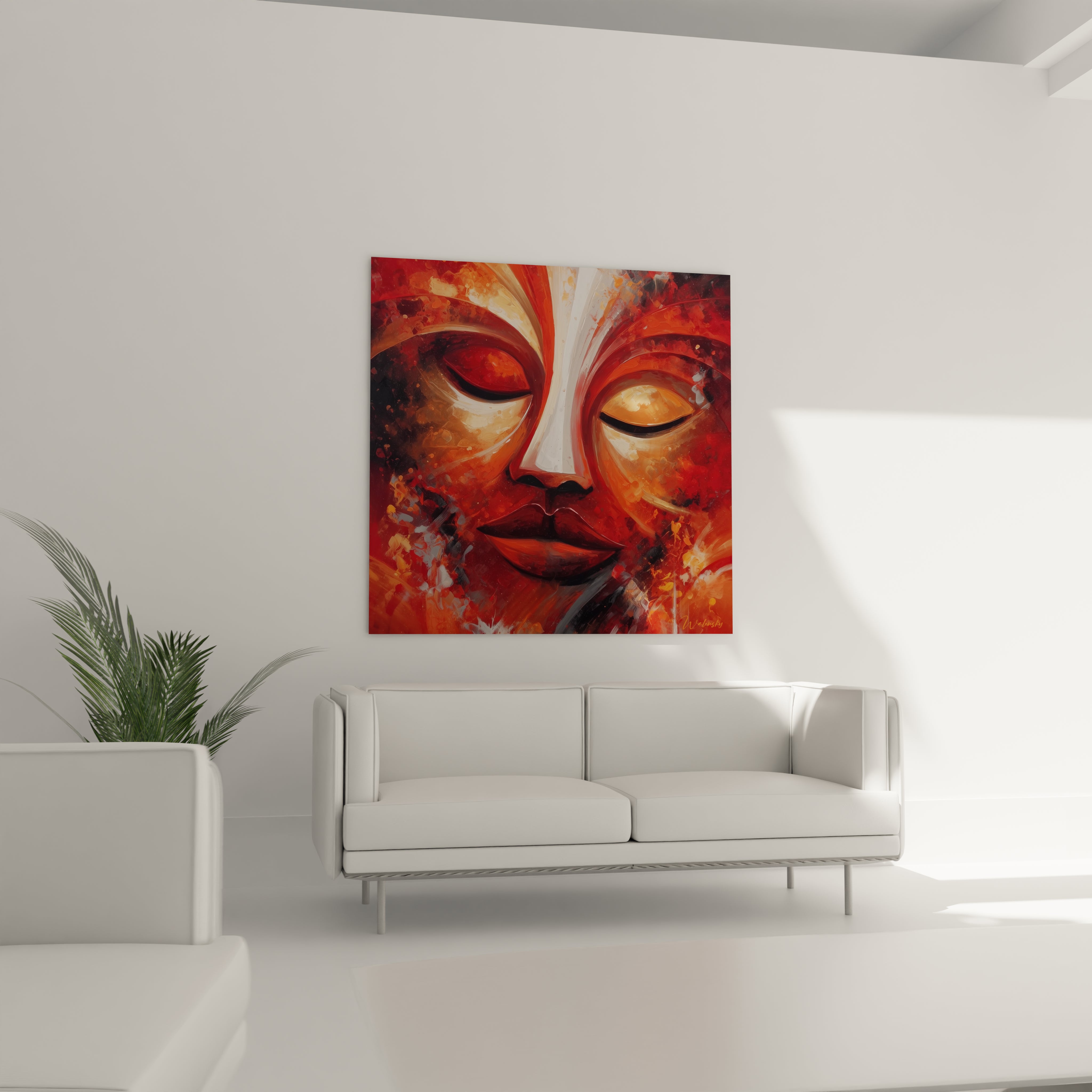 Tableau masque africain moderne en coloris rouges et oranges sur un mur, décorant un salon contemporain