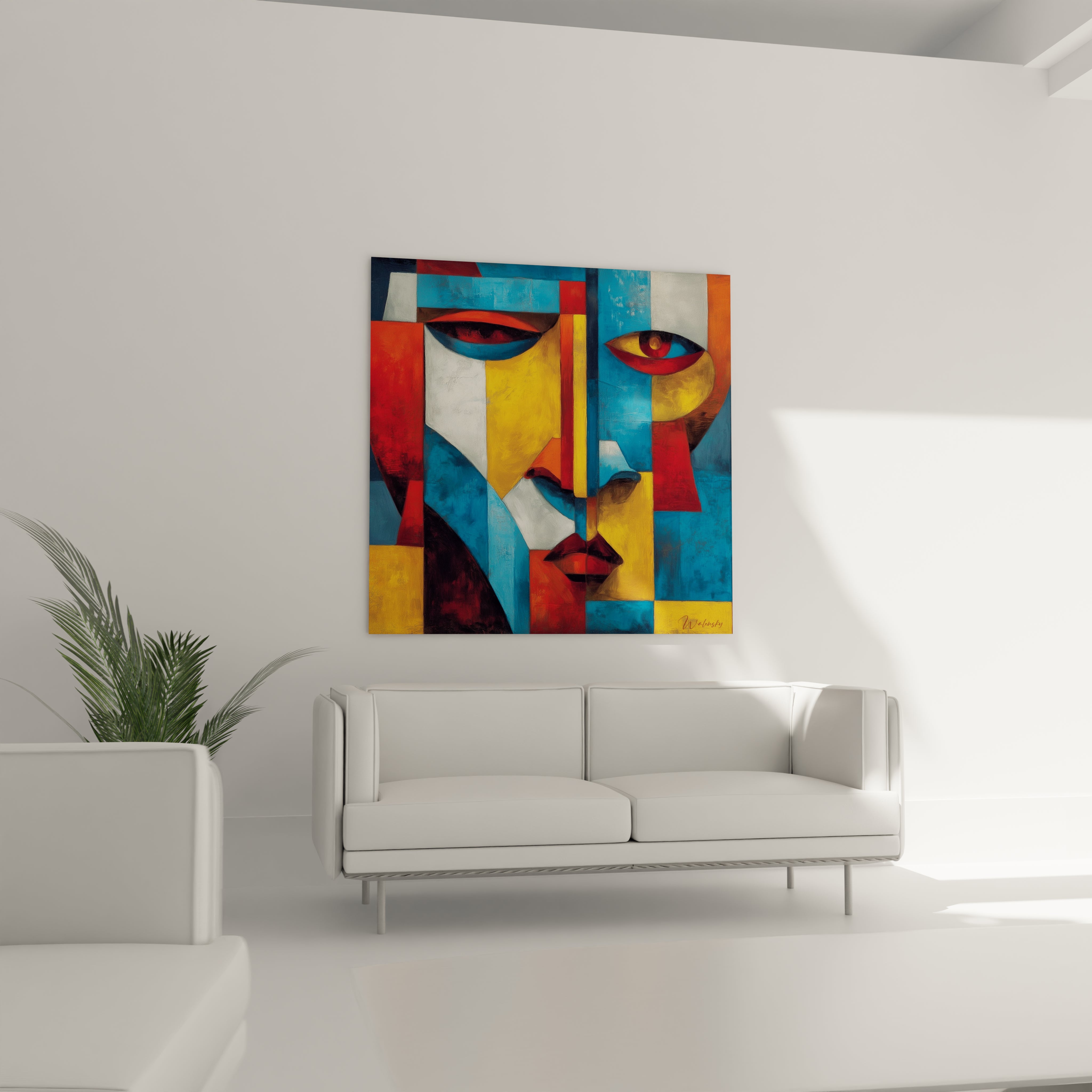 Tableau masque africain moderne de Walensky sur un mur, ajoutant une touche artistique à la décoration intérieure