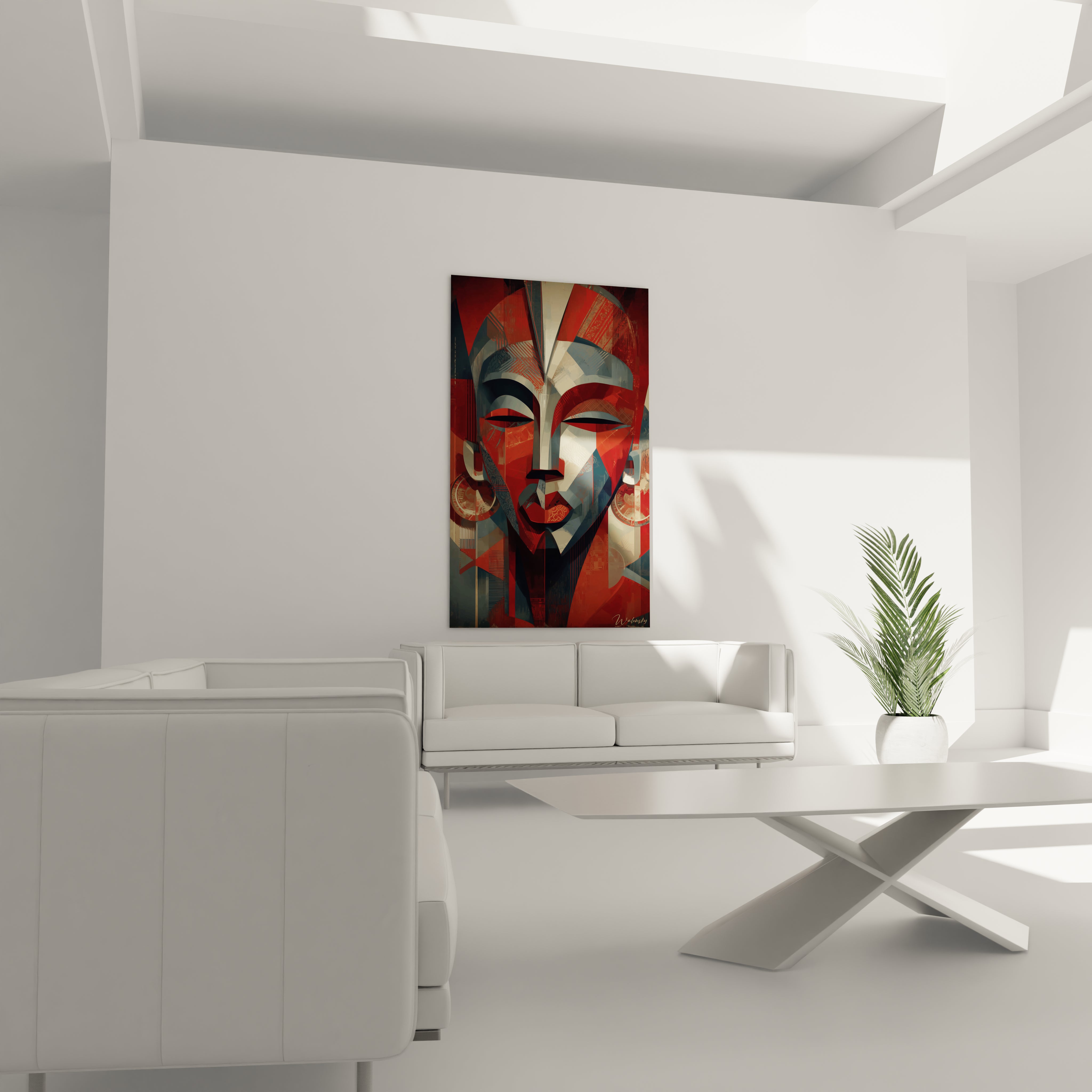 Tableau masque africain moderne de Walensky, décoration murale colorée dans un intérieur contemporain