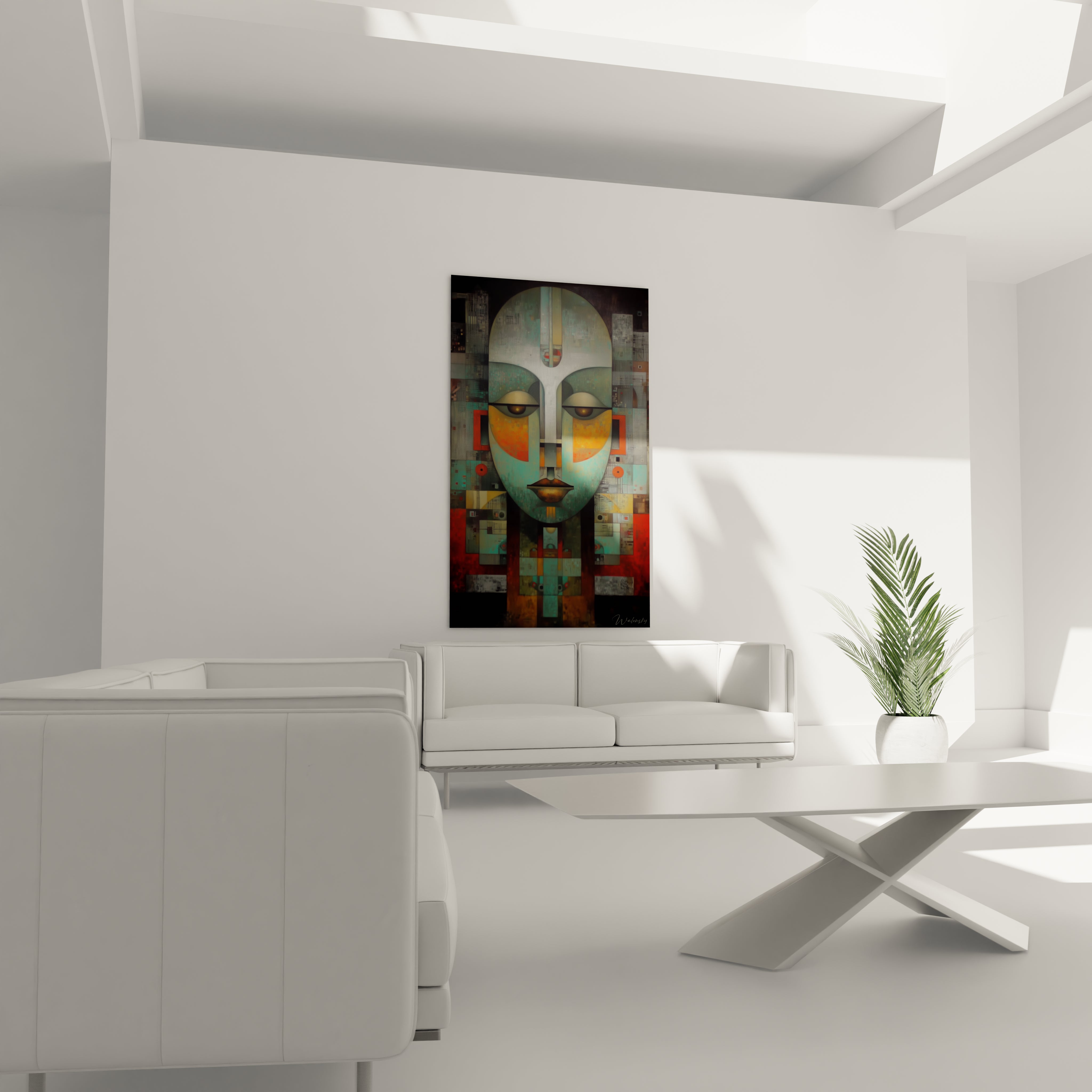 Tableau mural masque africain moderne de Walensky, ajoutant une touche d'art contemporain à votre intérieur