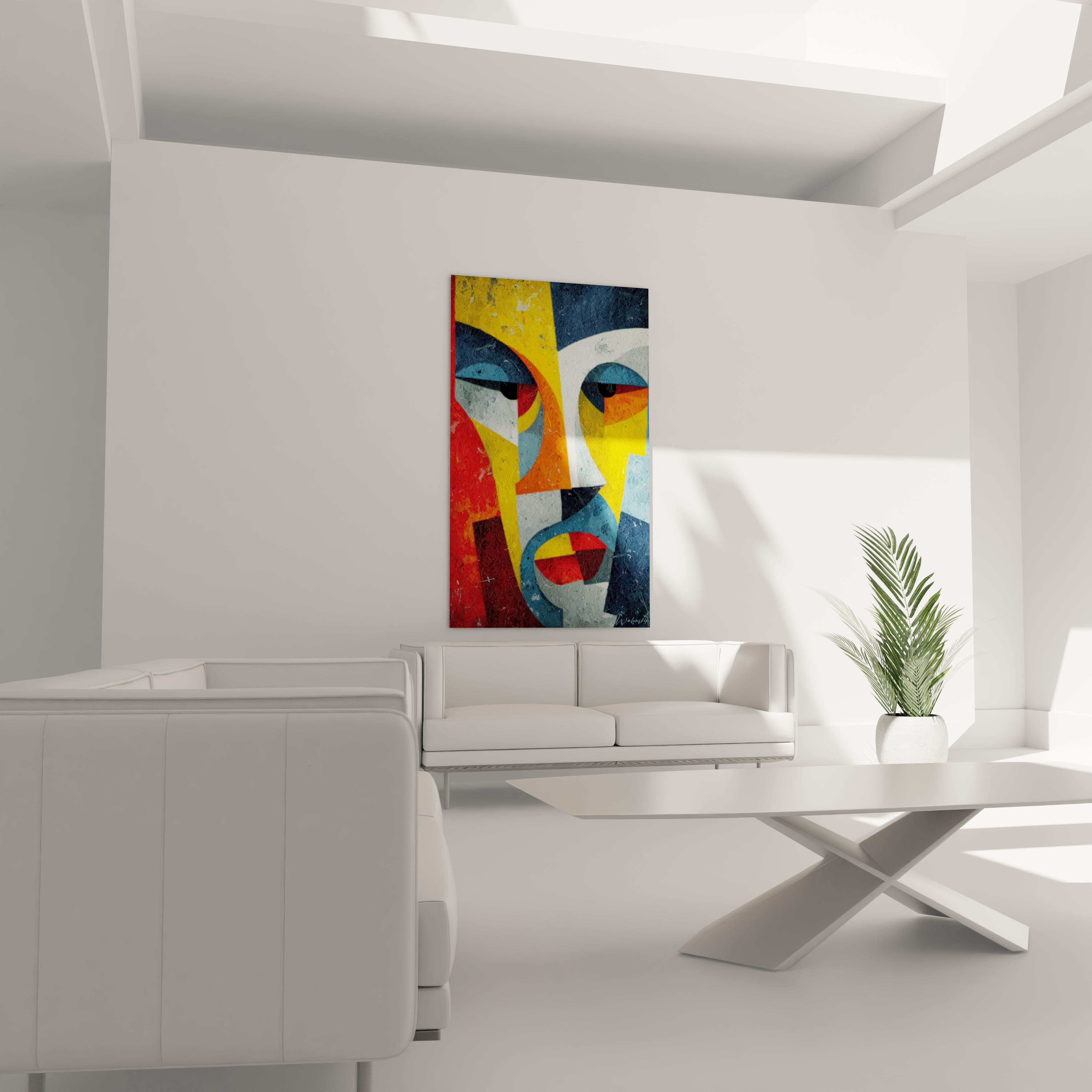 Walensky tableau masque africain coloré accroché sur un mur blanc dans un intérieur moderne
