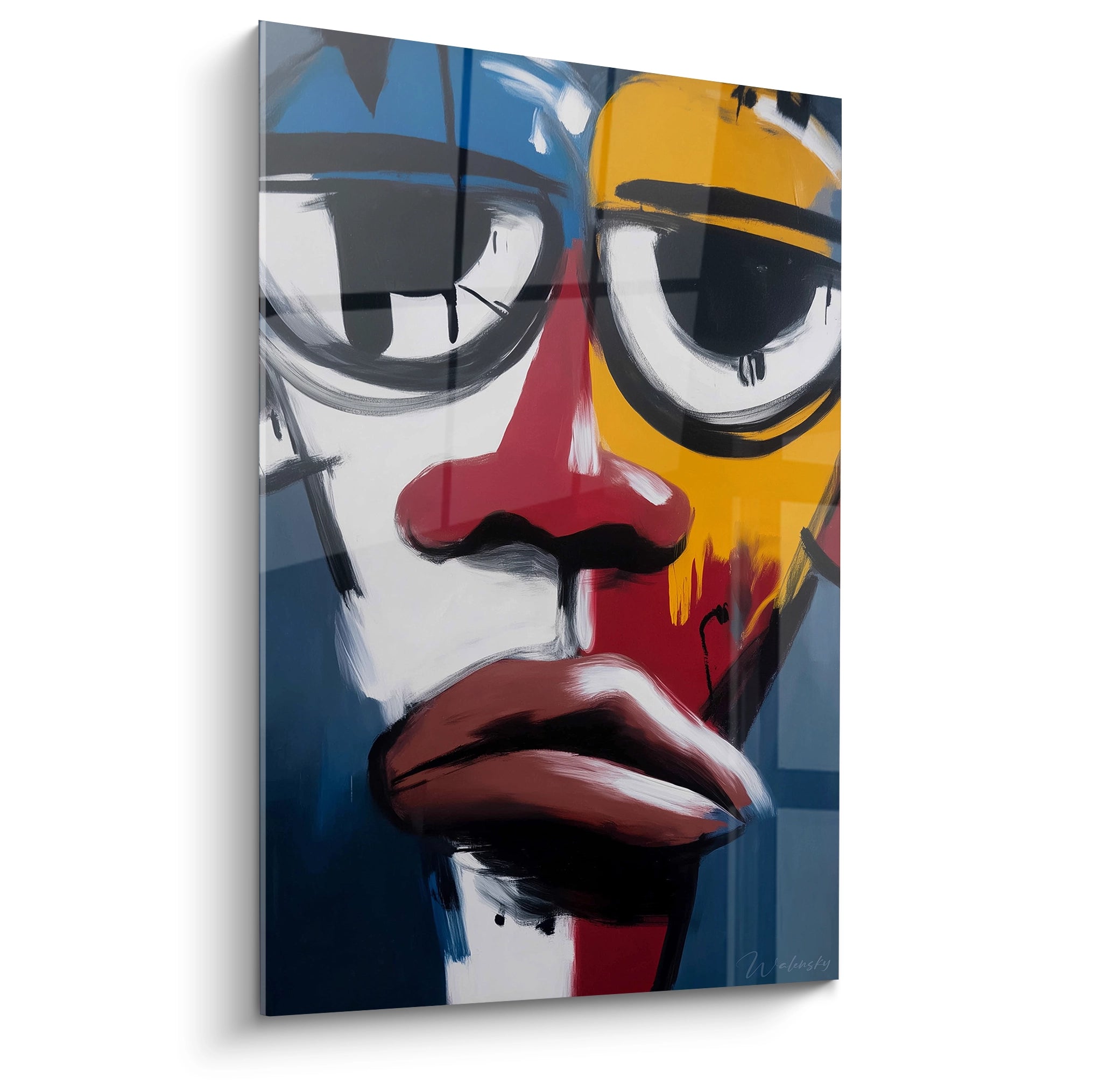 Tableau masque africain moderne de Walensky, peinture vibrante avec des couleurs audacieuses et des traits expressifs
