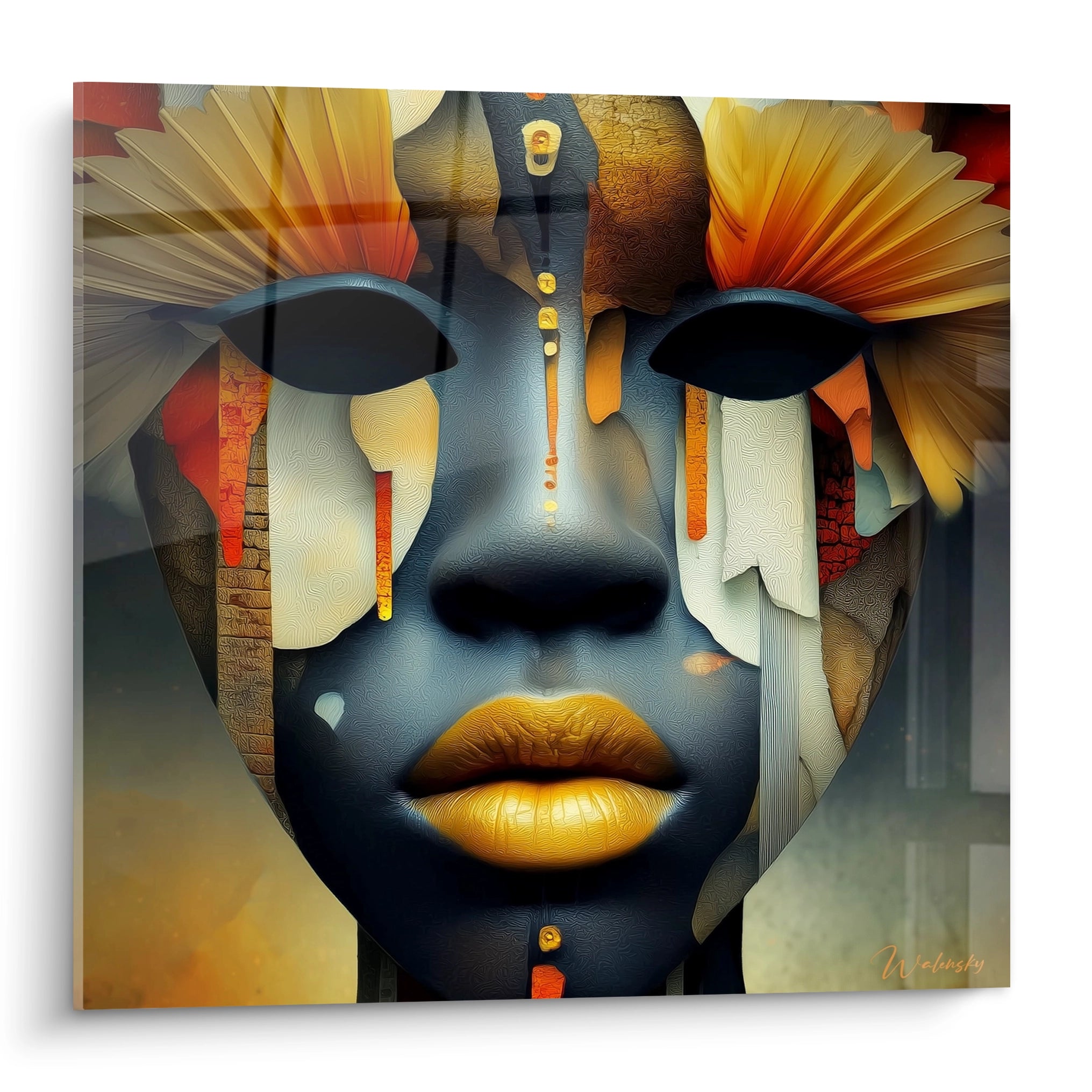 Tableau mural moderne avec un masque africain représentant des couleurs vibrantes et des détails artistiques