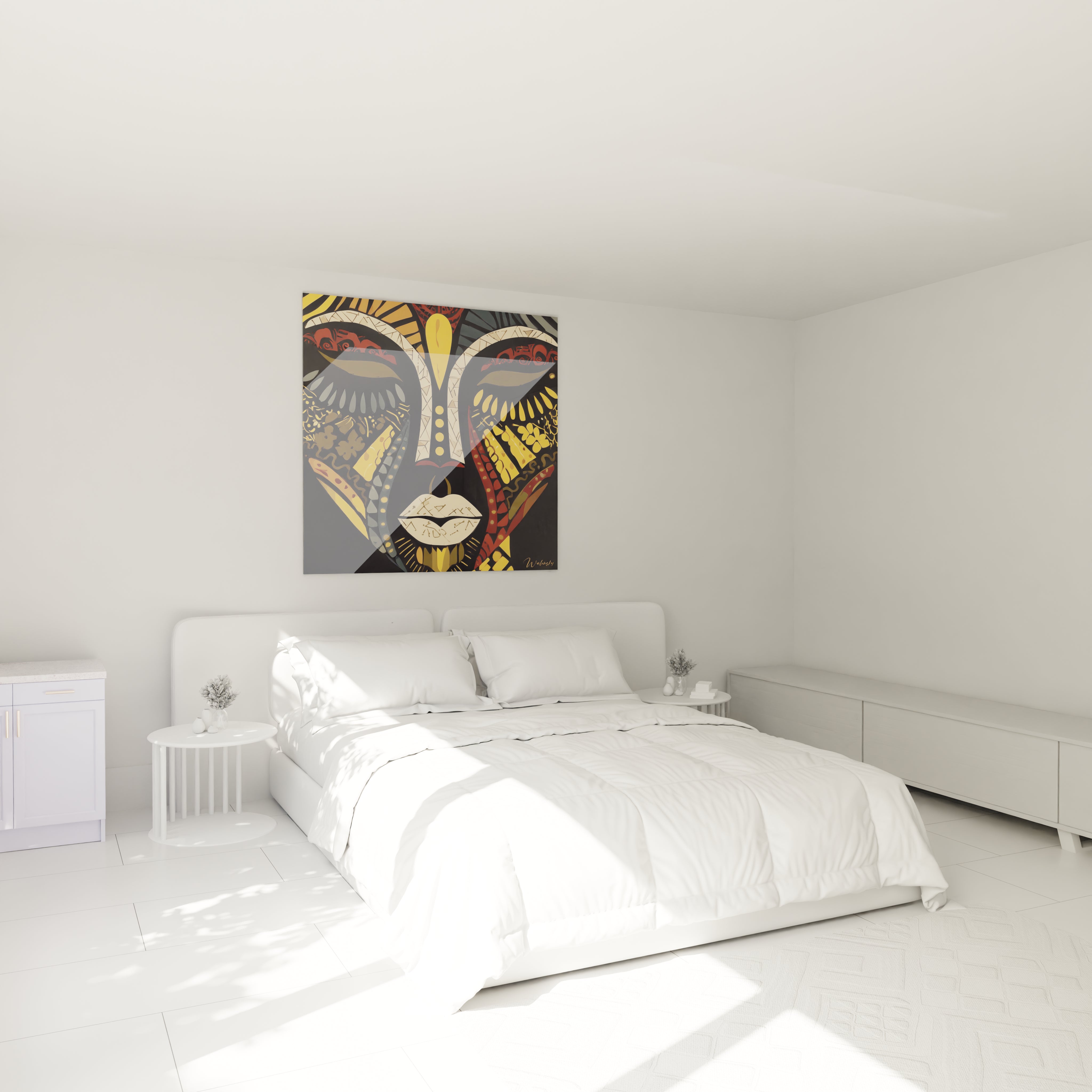Tableau mural masque africain de Walensky, ajoutant une touche artistique à une chambre moderne