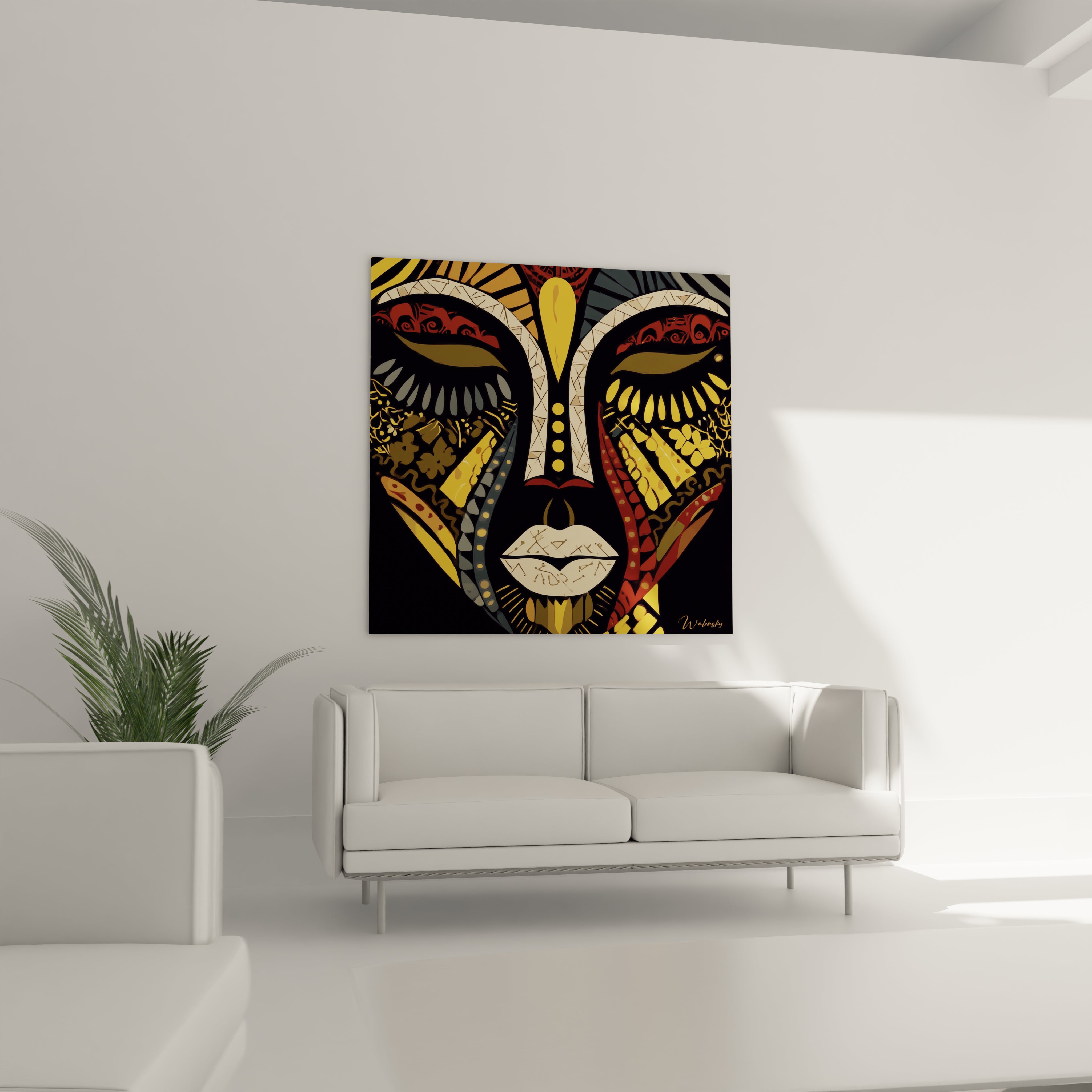 Tableau masque africain de Walensky accroché au mur dans un salon moderne avec un canapé