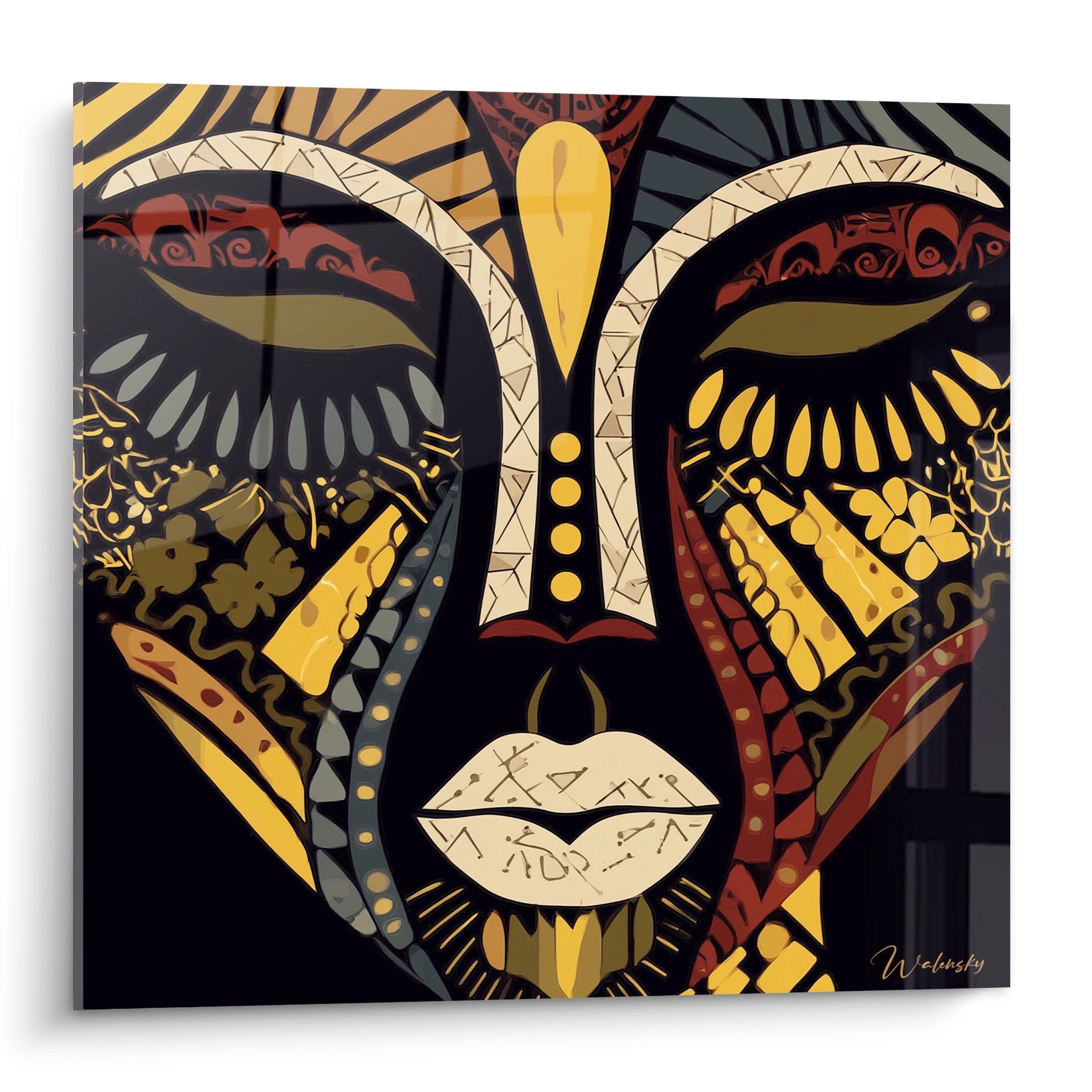 Tableau murale masque africain coloré de Walensky avec motifs et détails artistiques uniques