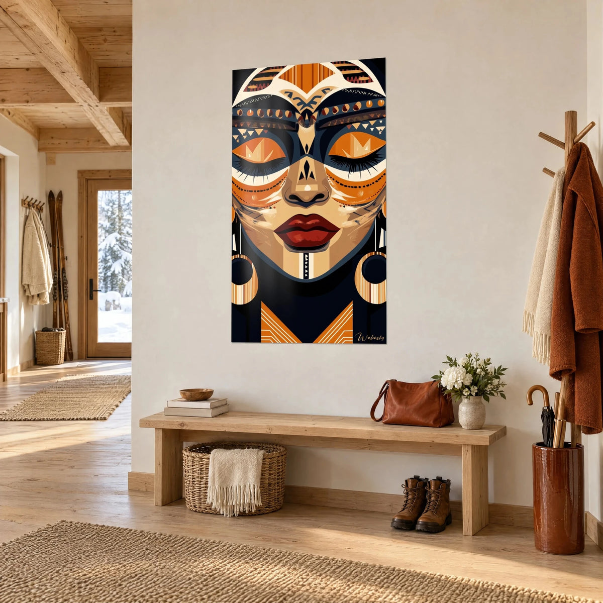 Tableau visage stylisé aux motifs triangulaires ivoire et orangé sur fond marine, grandes boucles rondes, dans l'entrée d'un chalet