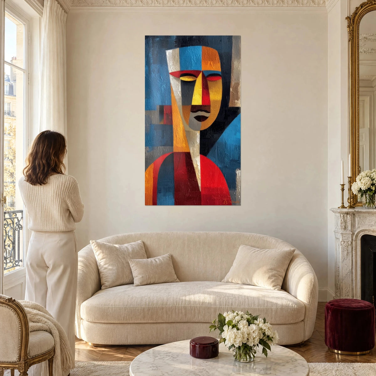 Gemälde kubistisches Gesicht mit blauen, gelben und roten Flächen, Frau von hinten davor, über einem Sofa in einem hellen Wohnzimmer