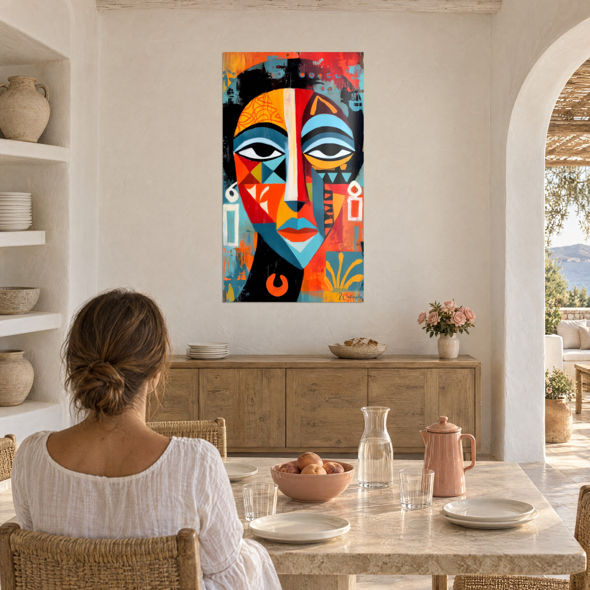 Πίνακας με τελετουργική φιγούρα, μεγάλα μαύρα μάτια, κόκκινες, κίτρινες και τυρκουάζ επιφάνειες, απέναντι από τραπέζι φαγητού από ανοιχτόχρωμη πέτρα