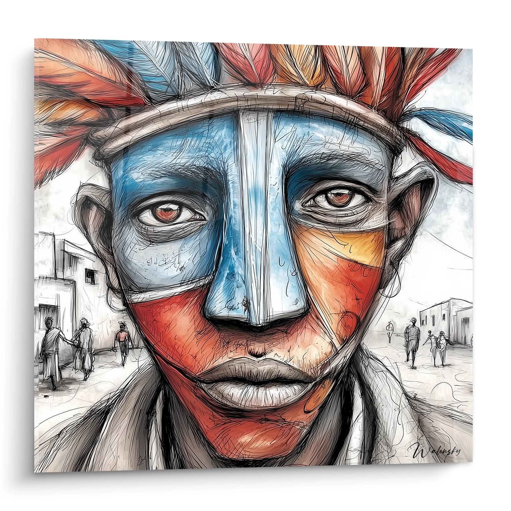 Tableau masque africain coloré représentant un visage avec des plumes et des motifs vibrants