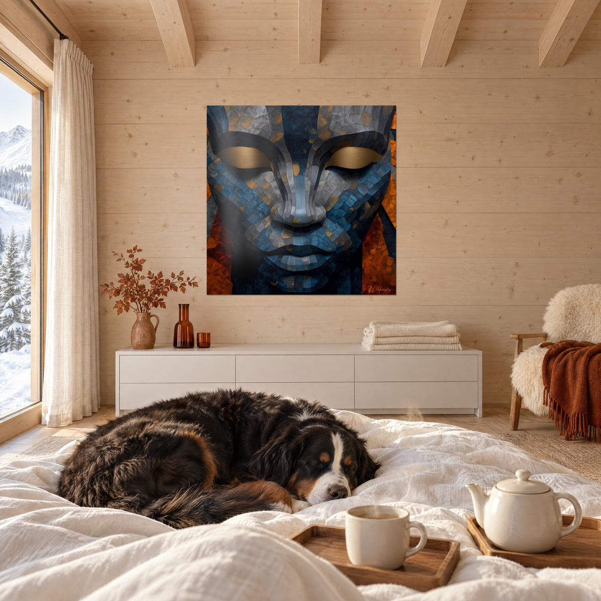 Cuadro retrato ancestral de párpados dorados, mosaico gris azulado sobre fondo cobrizo, un perro negro dormido sobre una cama en un dormitorio luminoso