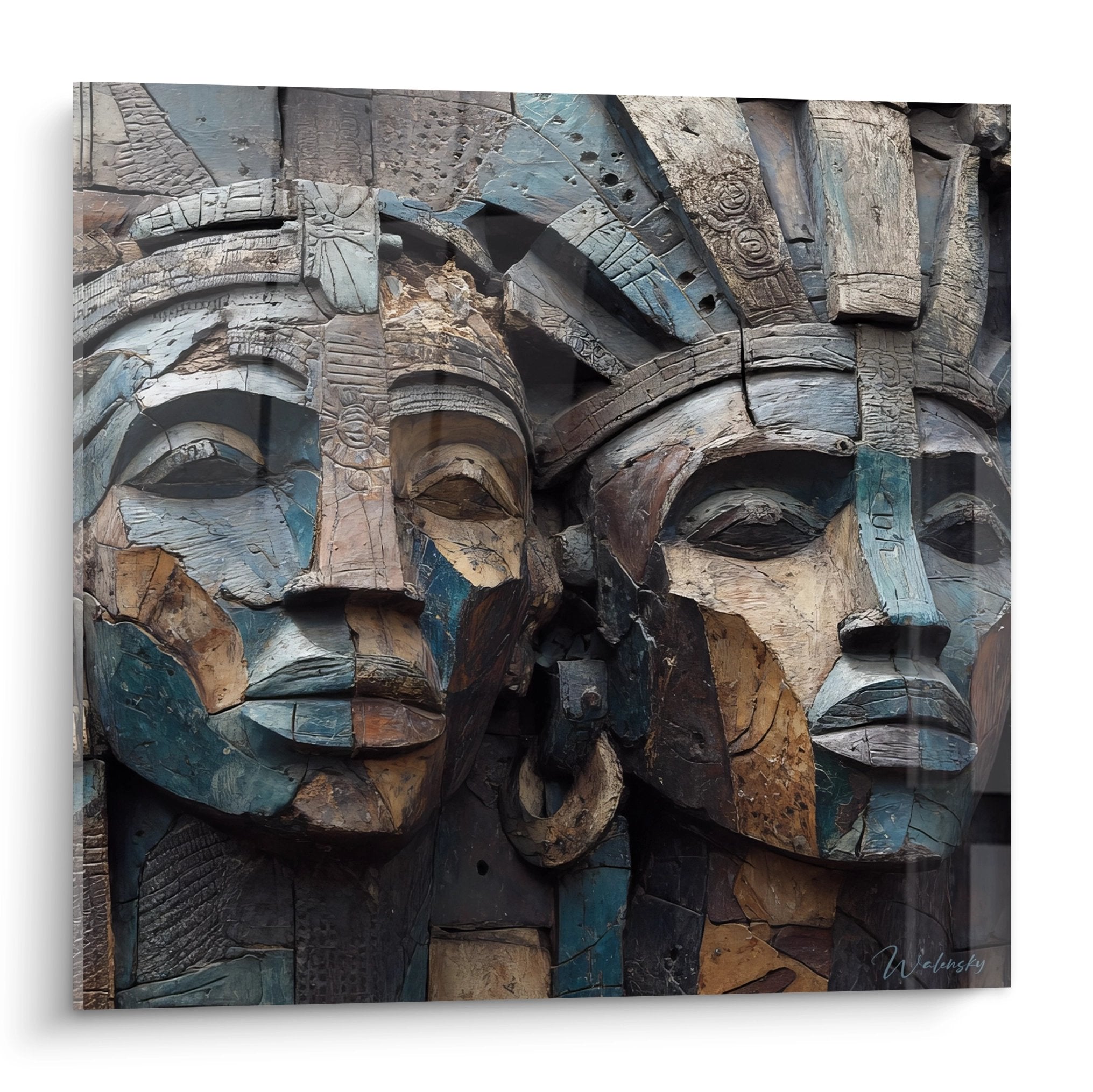 Tableau mural masque africain deux visages sculptés bois patine bleue art tribal décoratif authentique