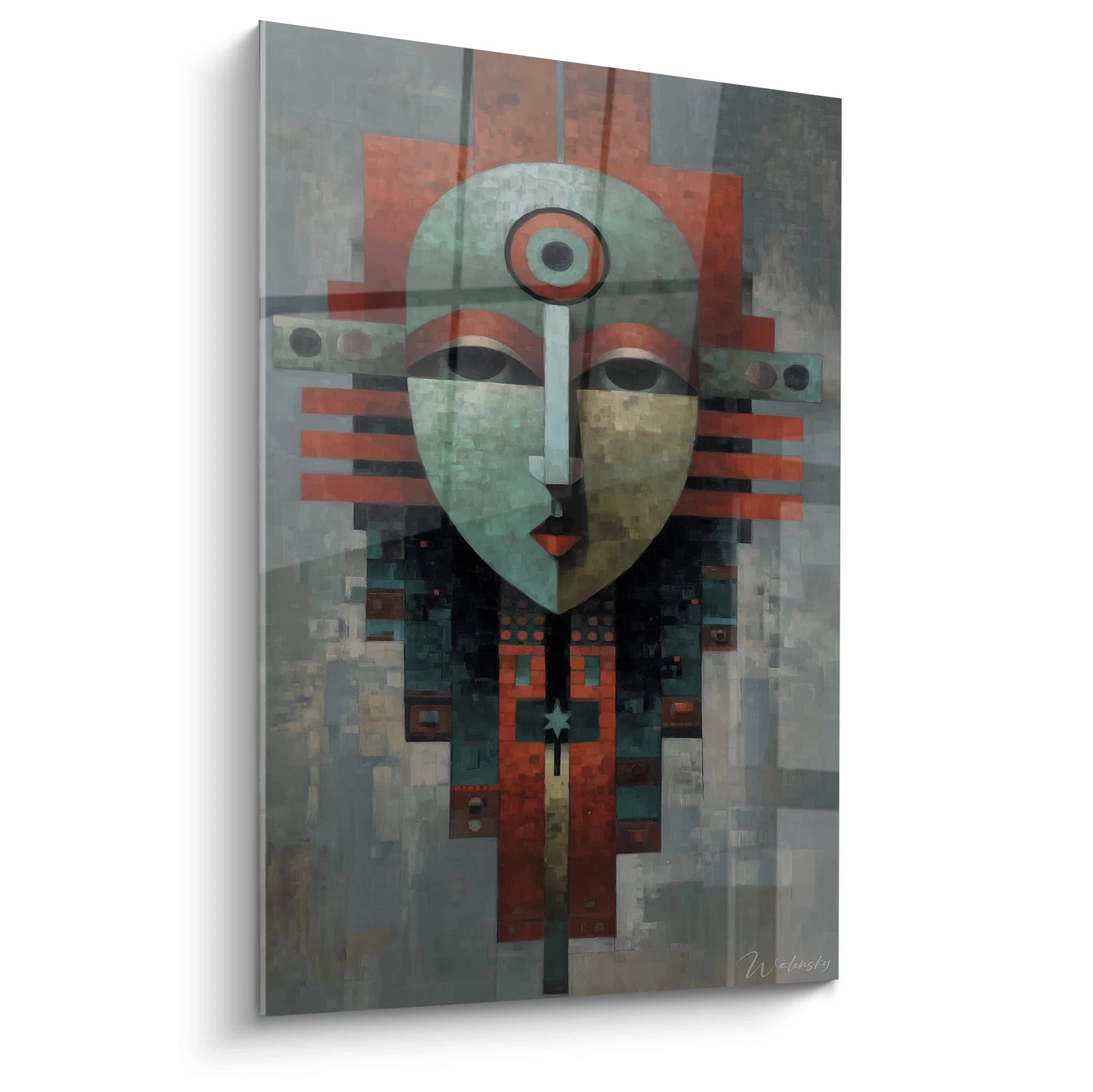 Walensky tableau masque tribal mural abstrait visage géométrique rouge vert pour salon moderne
