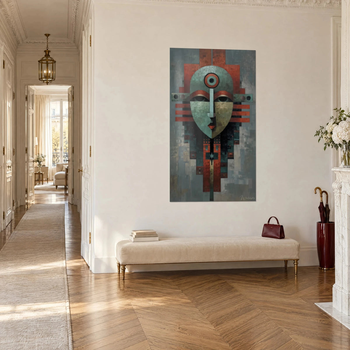 Wall art geometric face in turquoise and ochre, horizontal red bands, hung in a Haussmann-style hallway with light parquet floors
