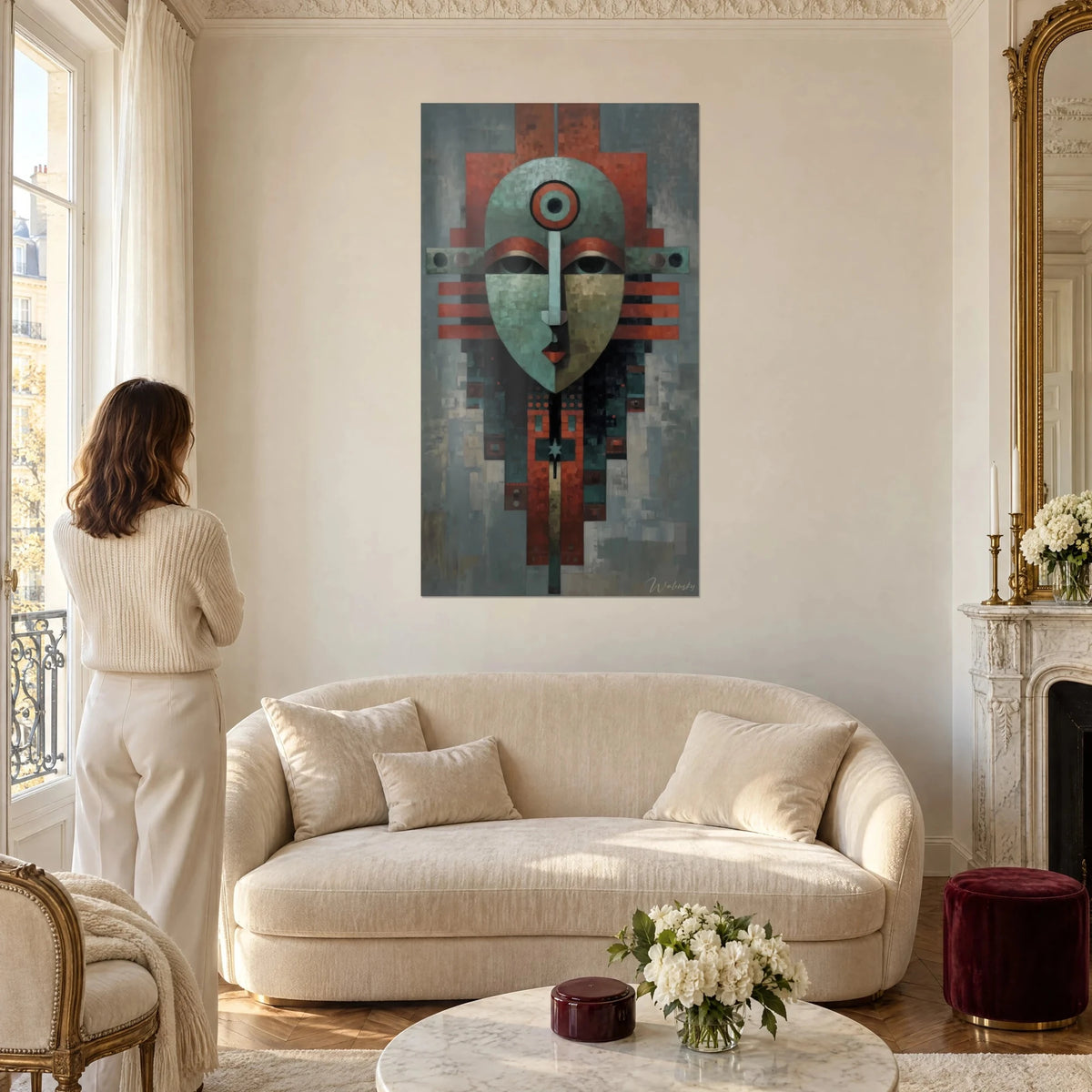 Wall art ancestral mask in verdigris and brick red, circled central eye, woman seen from behind, above a sofa in a bright living room
