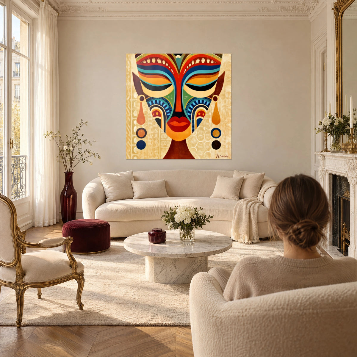 Cuadro máscara africana con párpados cerrados, franjas rojas, azules y ocres, encima de un sofá en un salón luminoso