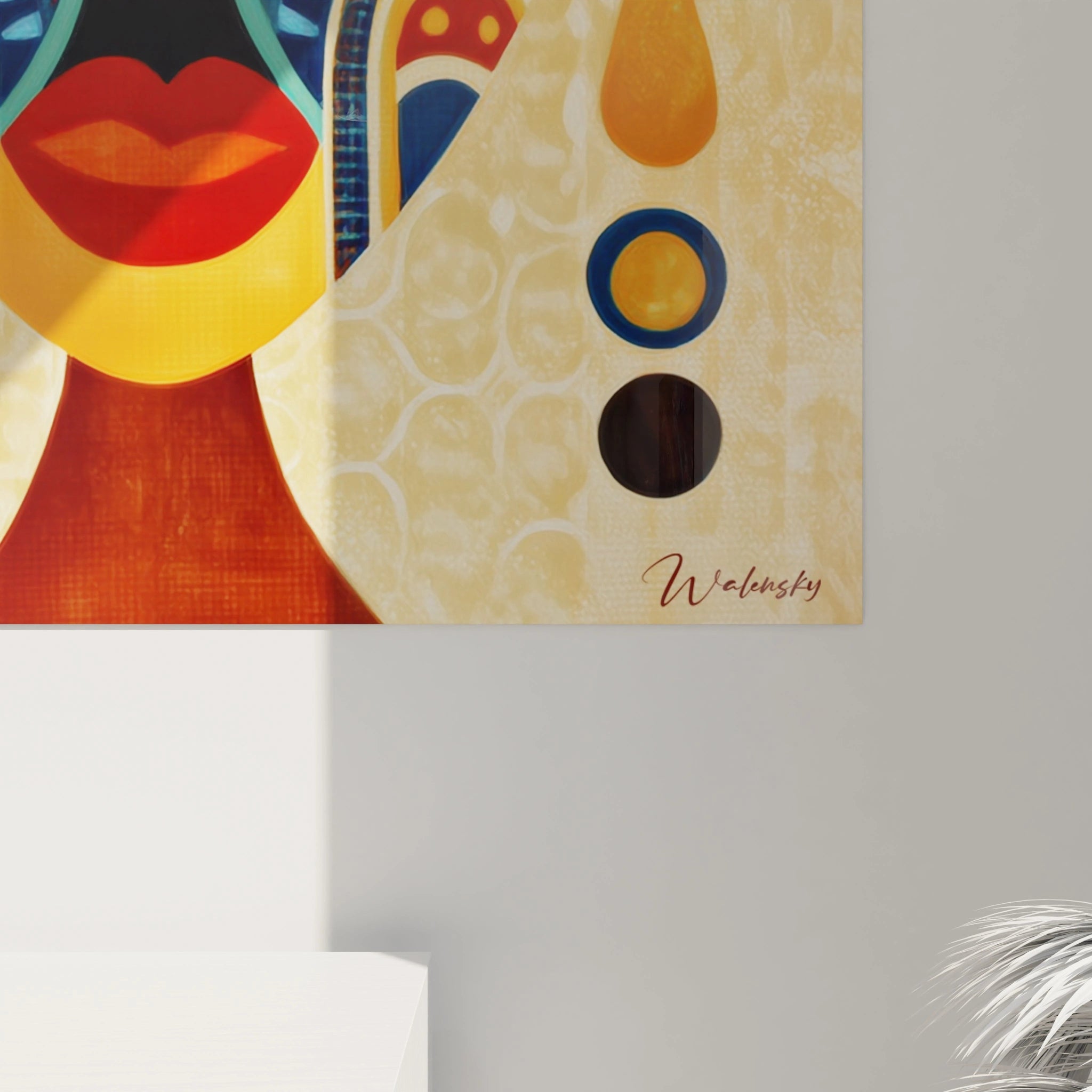 Tableau masque africain coloré de Walensky représentant un visage stylisé avec des motifs vibrants
