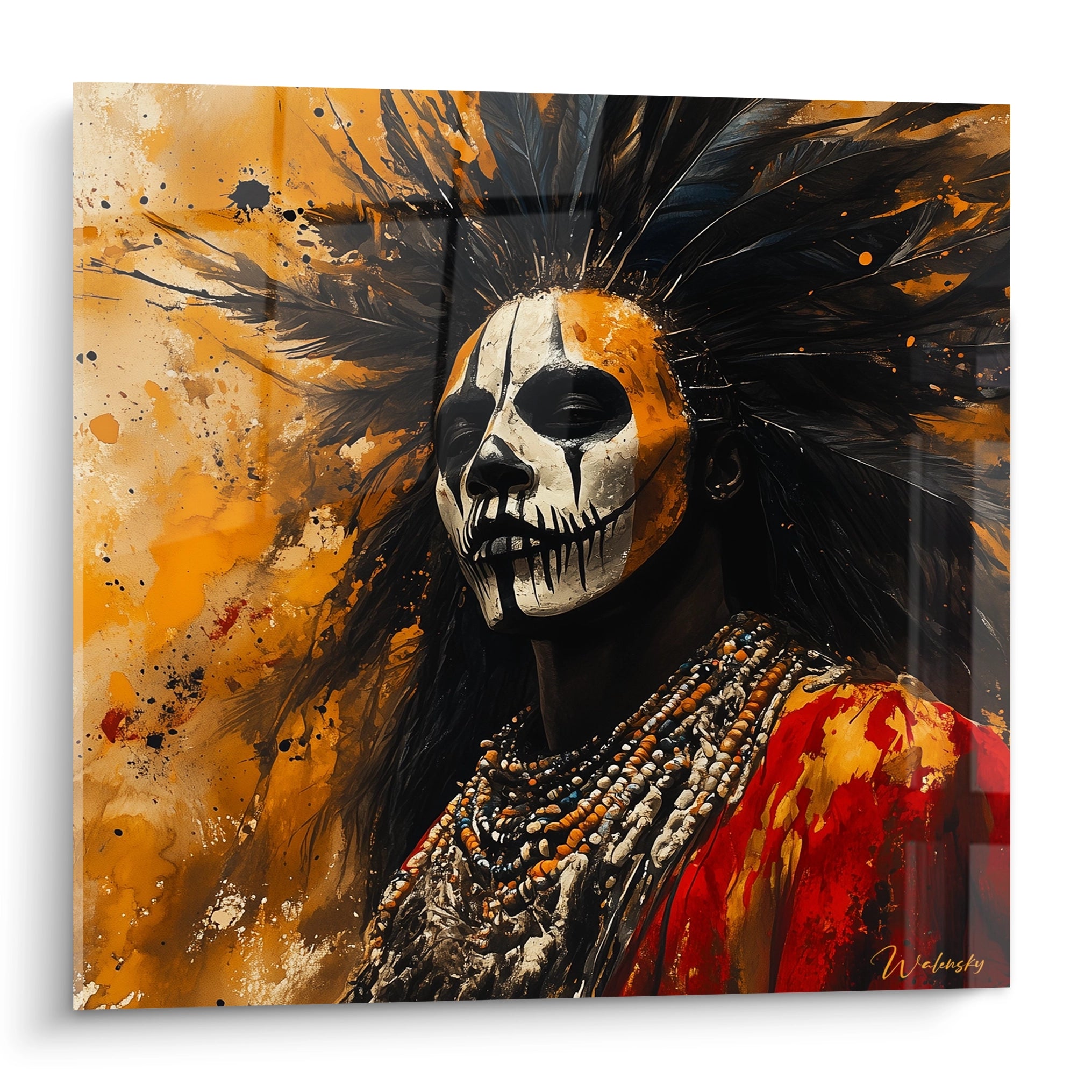 Tableau africain mural représentant un personnage en peinture faciale traditionnelle avec collier de perles et plumes