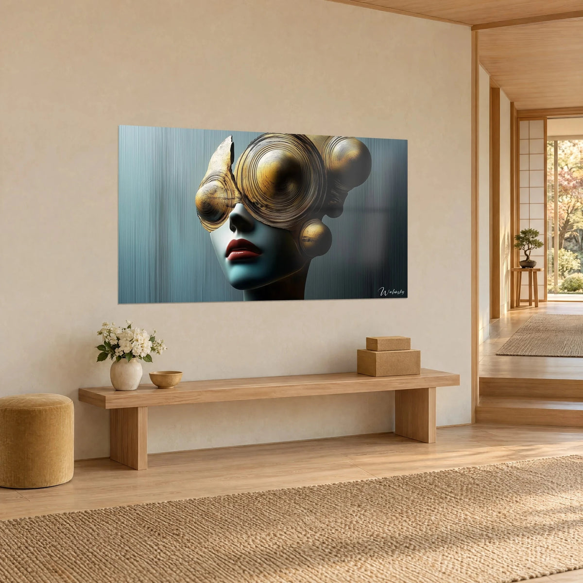 Wall art surreal female bust with concentric golden discs on striped steel-blue background, three-quarter view beside a wooden bench