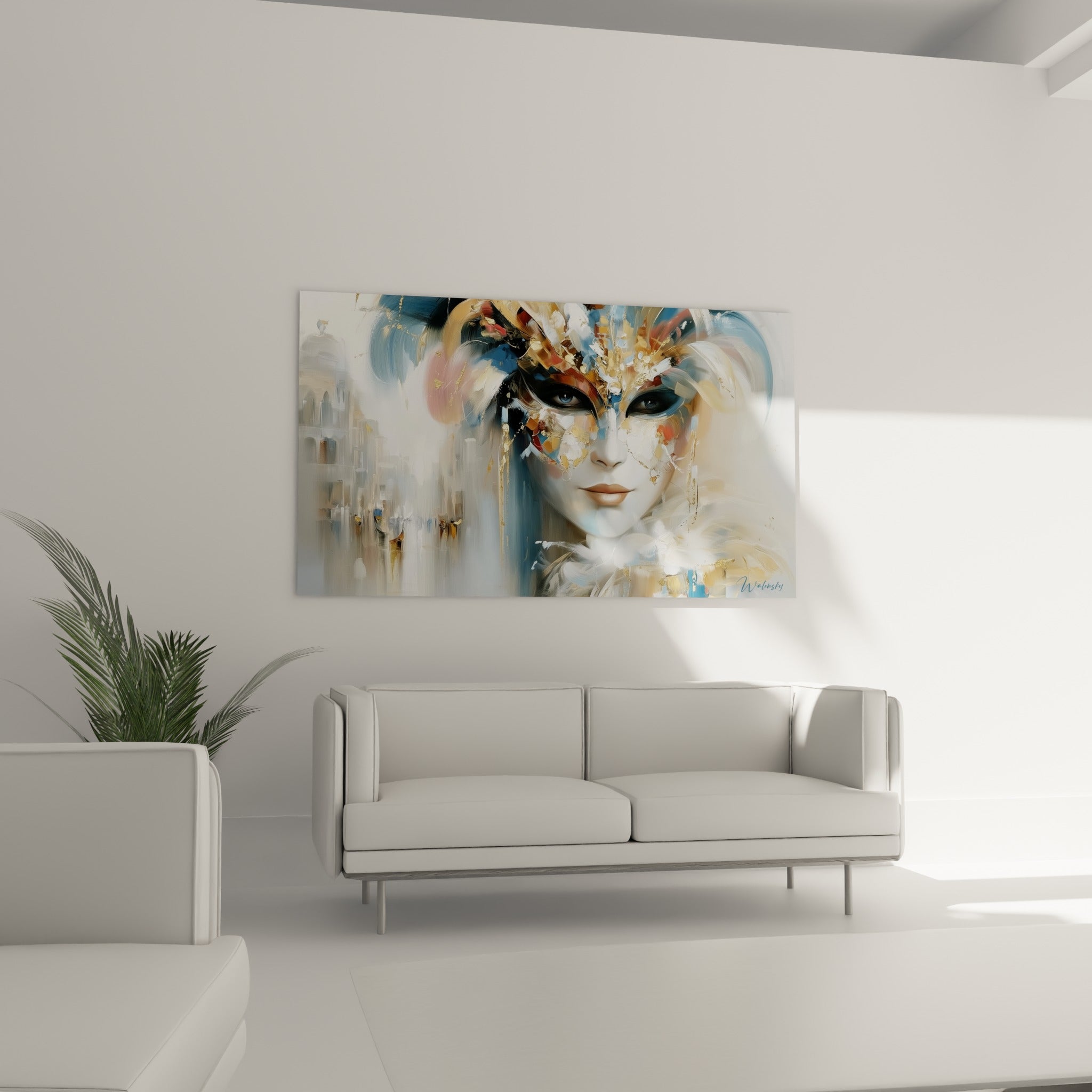 Portrait au masque doré et bleu marine accroché au-dessus d'un canapé dans un salon lumineux