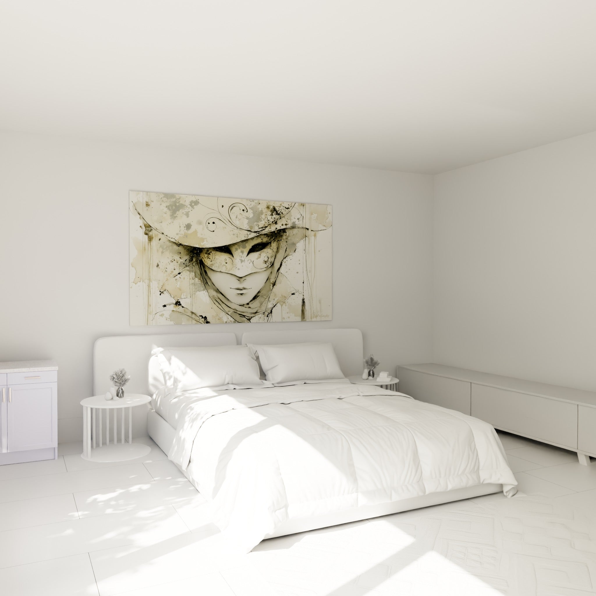 Masque de venise beige aux traits d'encre noire, accroché au-dessus d'un lit dans une chambre claire