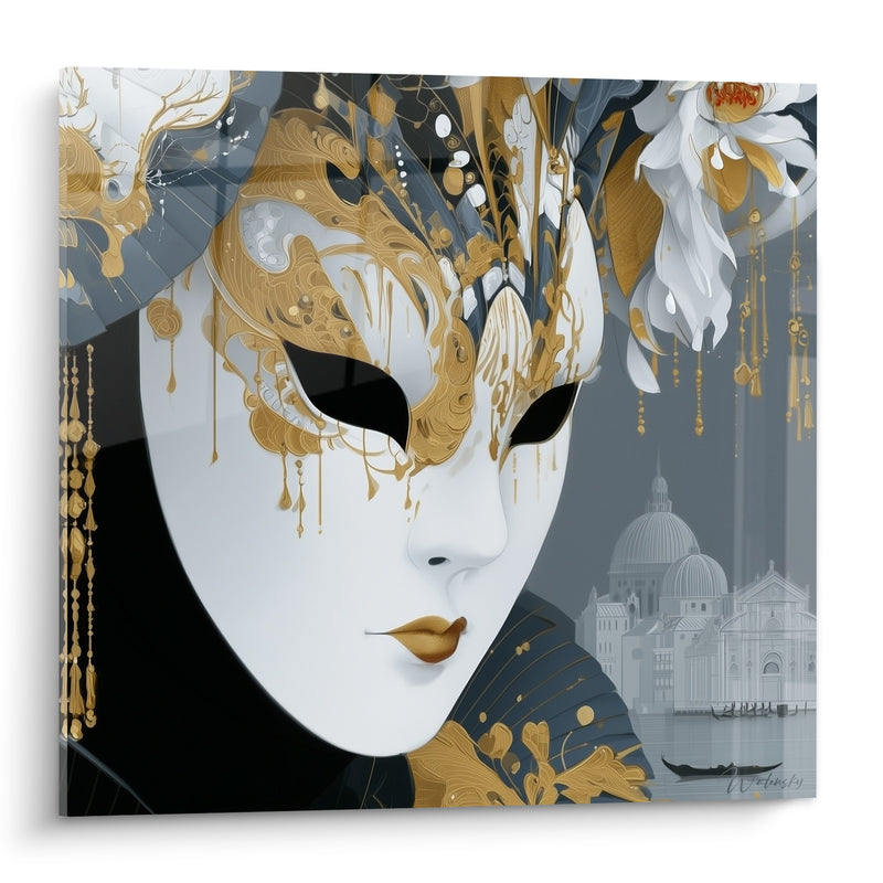 Tableau Masque blanc et doré aux fleurs pendantes - Basilique et gondole - Edition Masque de venise