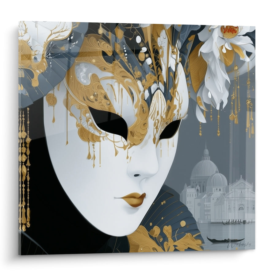 White and Gold Mask with Hanging Flowers - Basilica and Gondola - Venice Mask Edition