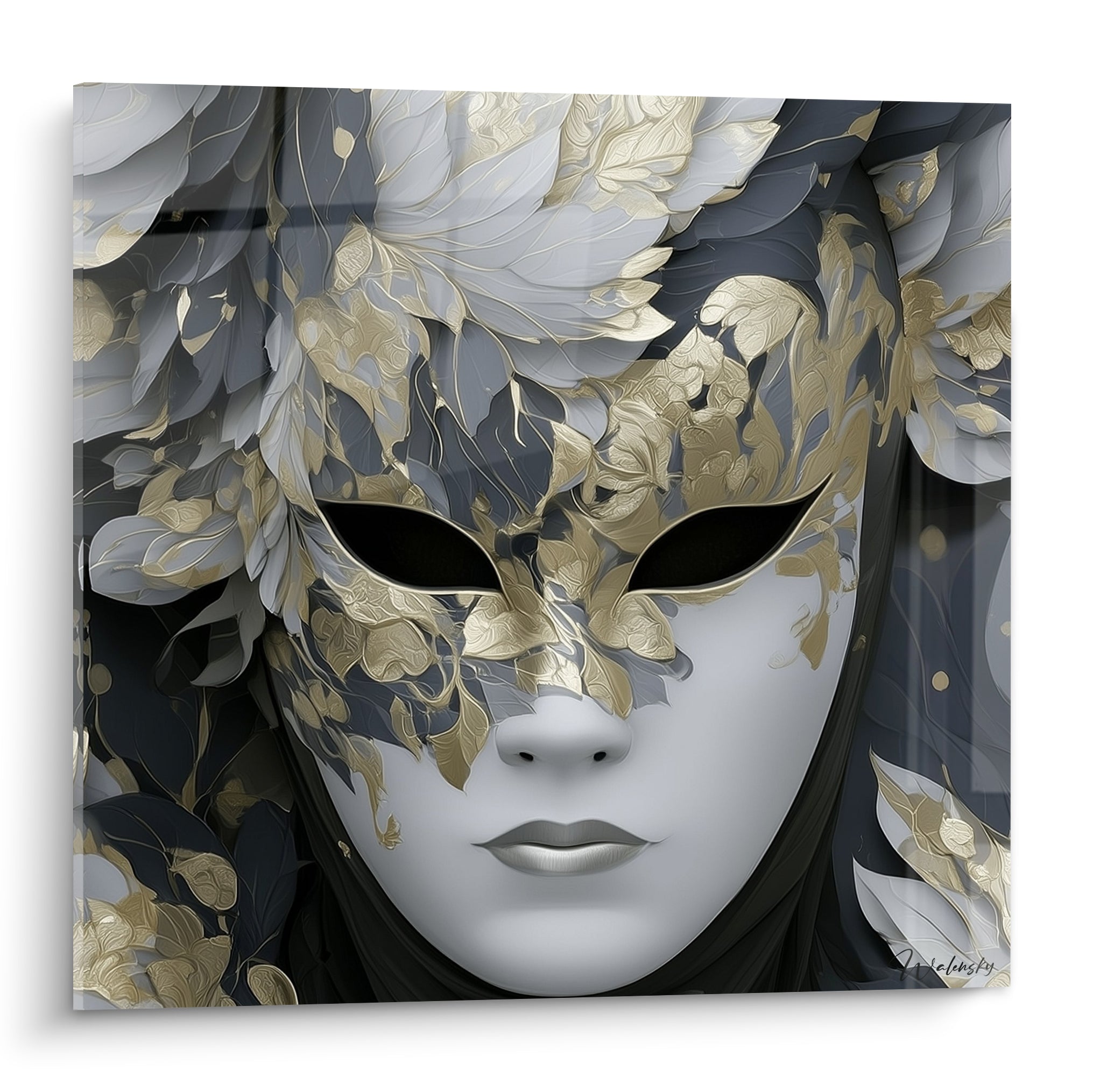 Masque de venise blanc et doré aux feuillages ornés, yeux noirs en amande, fond anthracite