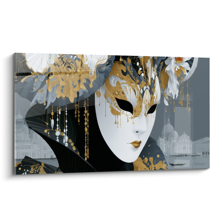 White and Gold Mask Painting with Pleated Flowers - Venetian Domes in the Background - Venice Mask Edition