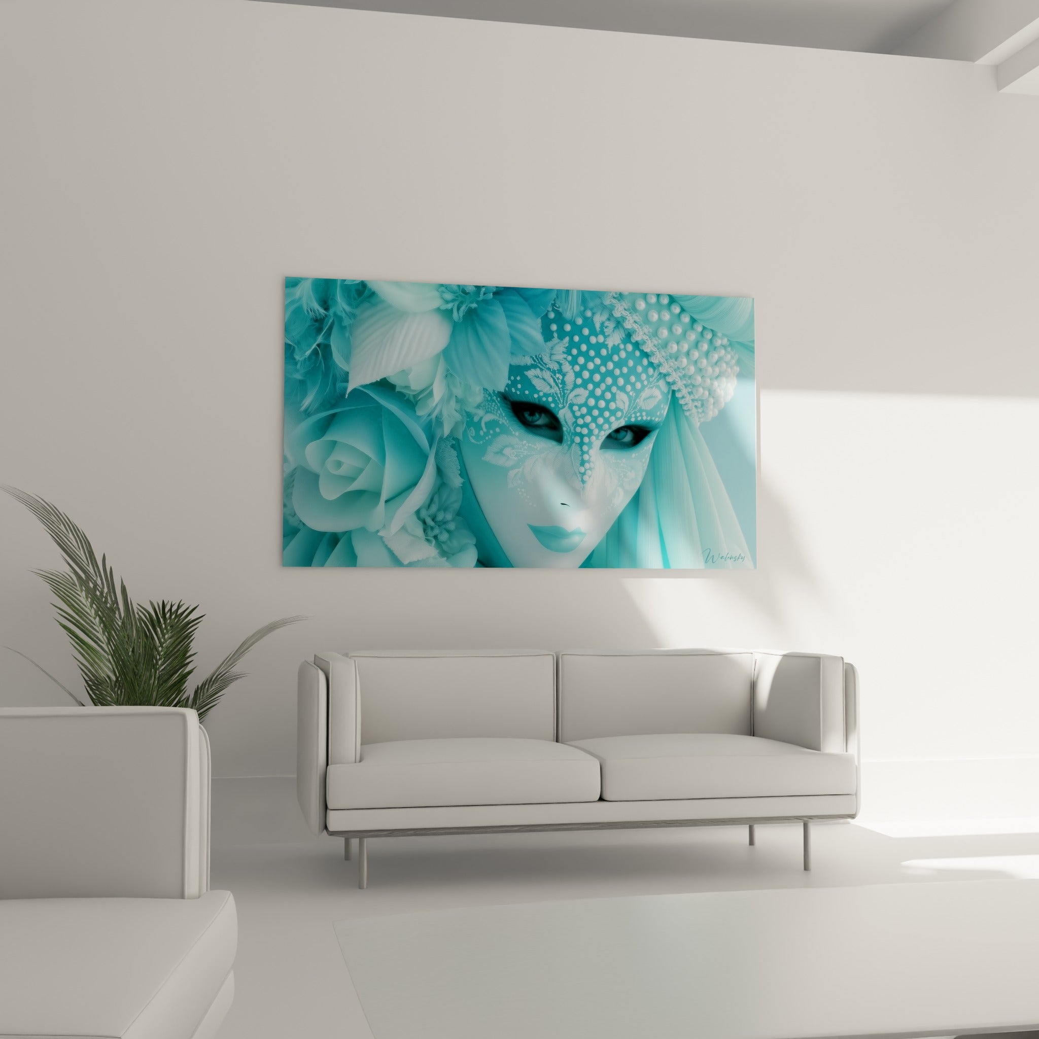 Portrait masqué aux perles blanches et tons bleu turquoise au-dessus d'un canapé dans un salon lumineux