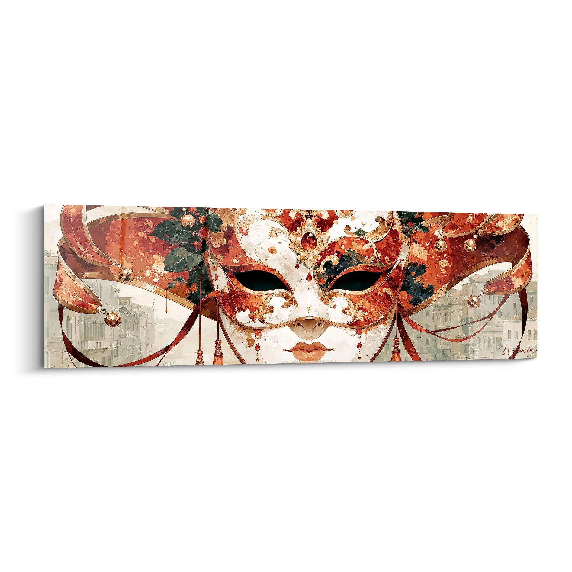 Masque de Venise blanc et terracotta orné de dorures, visage sculptural aux rubans rouges