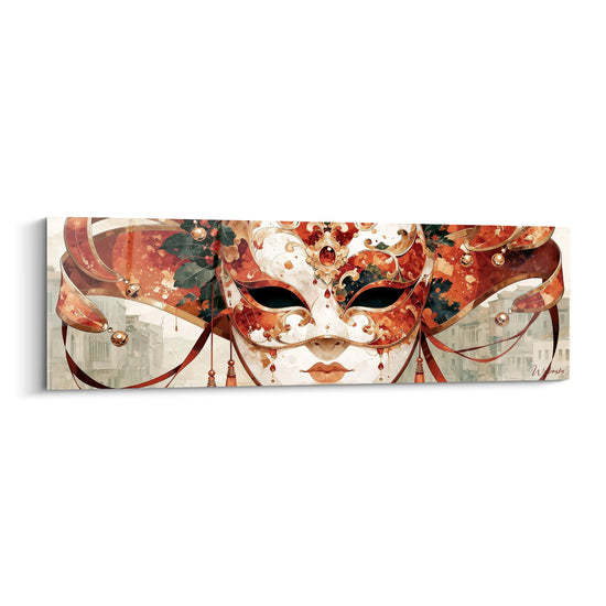 Masque de Venise blanc et terracotta orné de dorures, visage sculptural aux rubans rouges