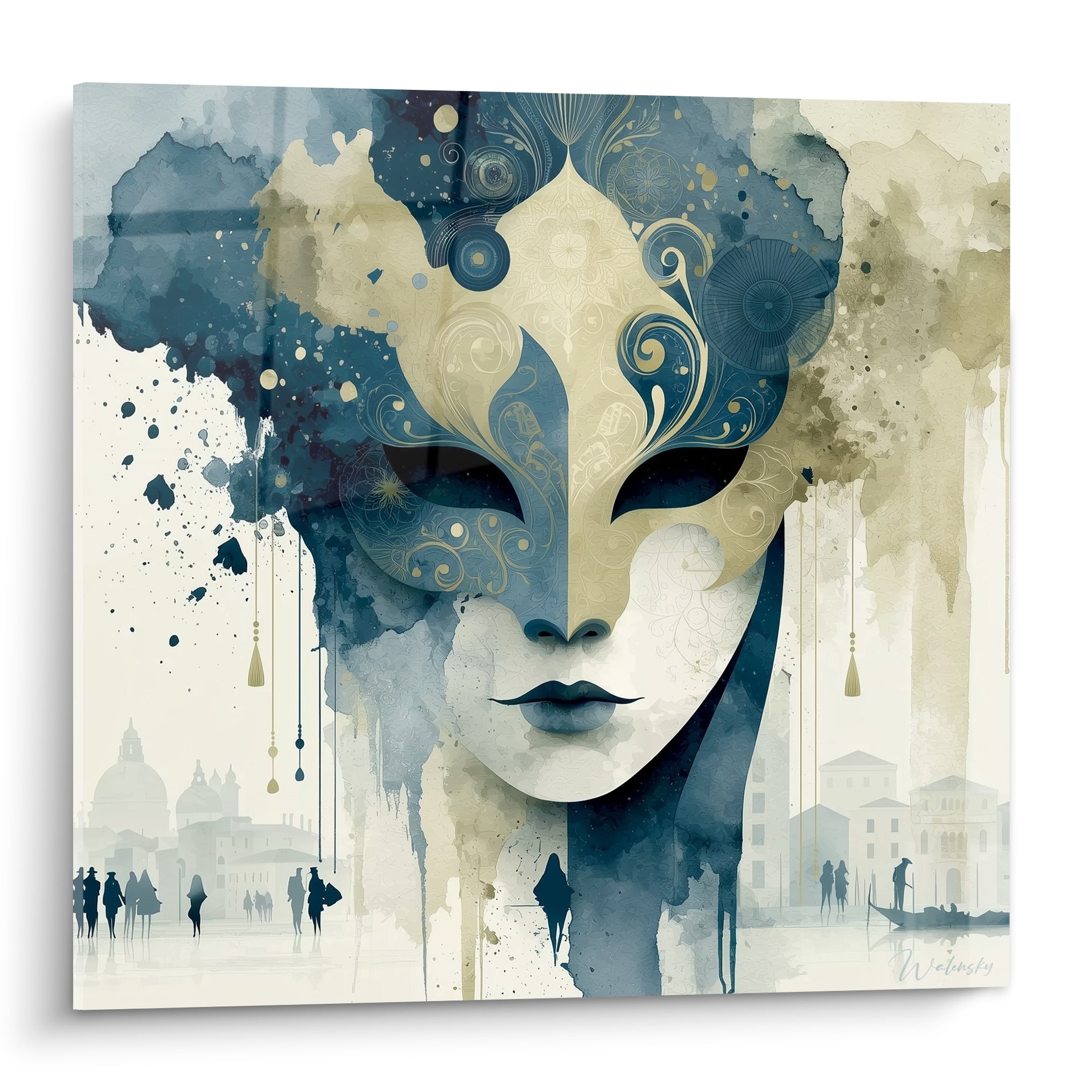Masque de Venise bleu marine et doré, visage stylisé aux motifs délicats en aquarelle
