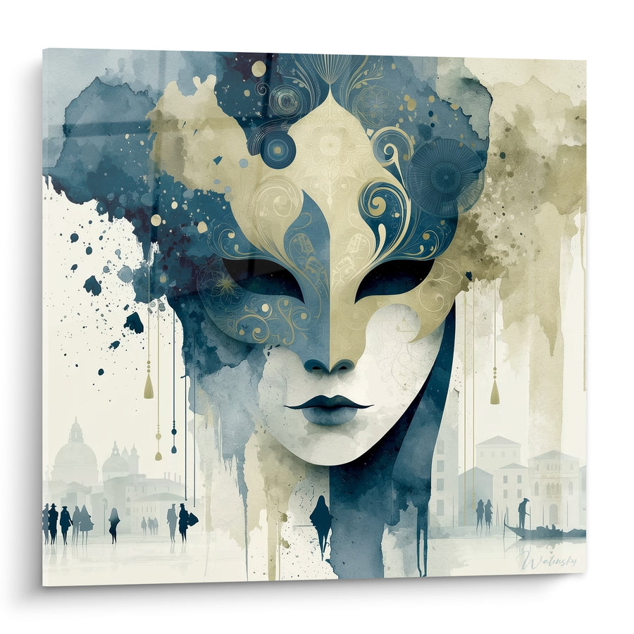 Venetian Mask Painting Blue and Beige with Urban Silhouettes - Passersby in the Square - Venice Mask Edition