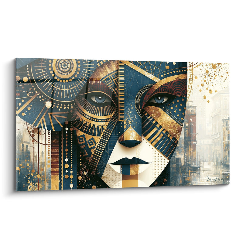 Tableau Visage bleu marine et doré aux perles suspendues - Yeux perçants sur cité - Edition Masque de venise