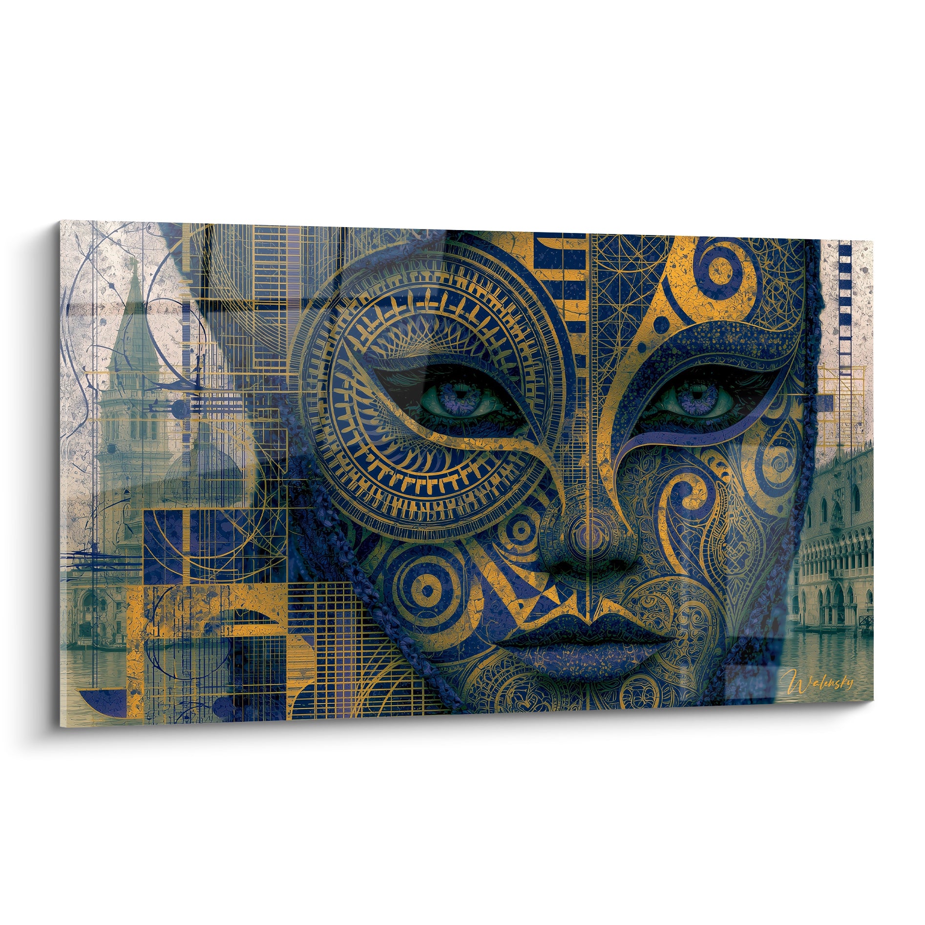 Masque de Venise bleu marine et doré, yeux perçants et motifs géométriques ornementés