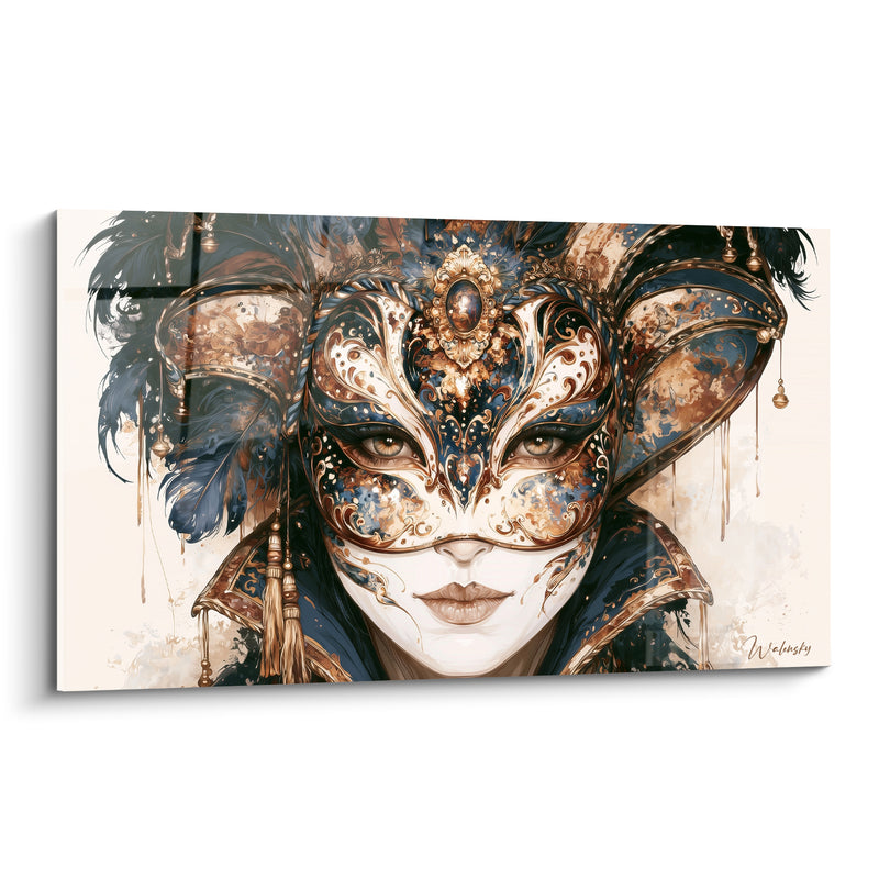 Tableau Masque bleu marine et cuivré au bijou frontal - Plumes et pompons dorés - Edition Masque de venise