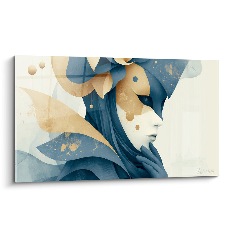 Tableau Masque bleu marine et doré aux pétales éclaboussés - Main gantée pensive - Edition Masque de venise
