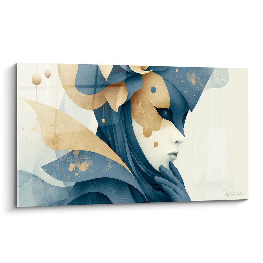 Blue and Gold Mask Painting with Splattered Petals - Pensive Handed Glove - Venice Mask Edition