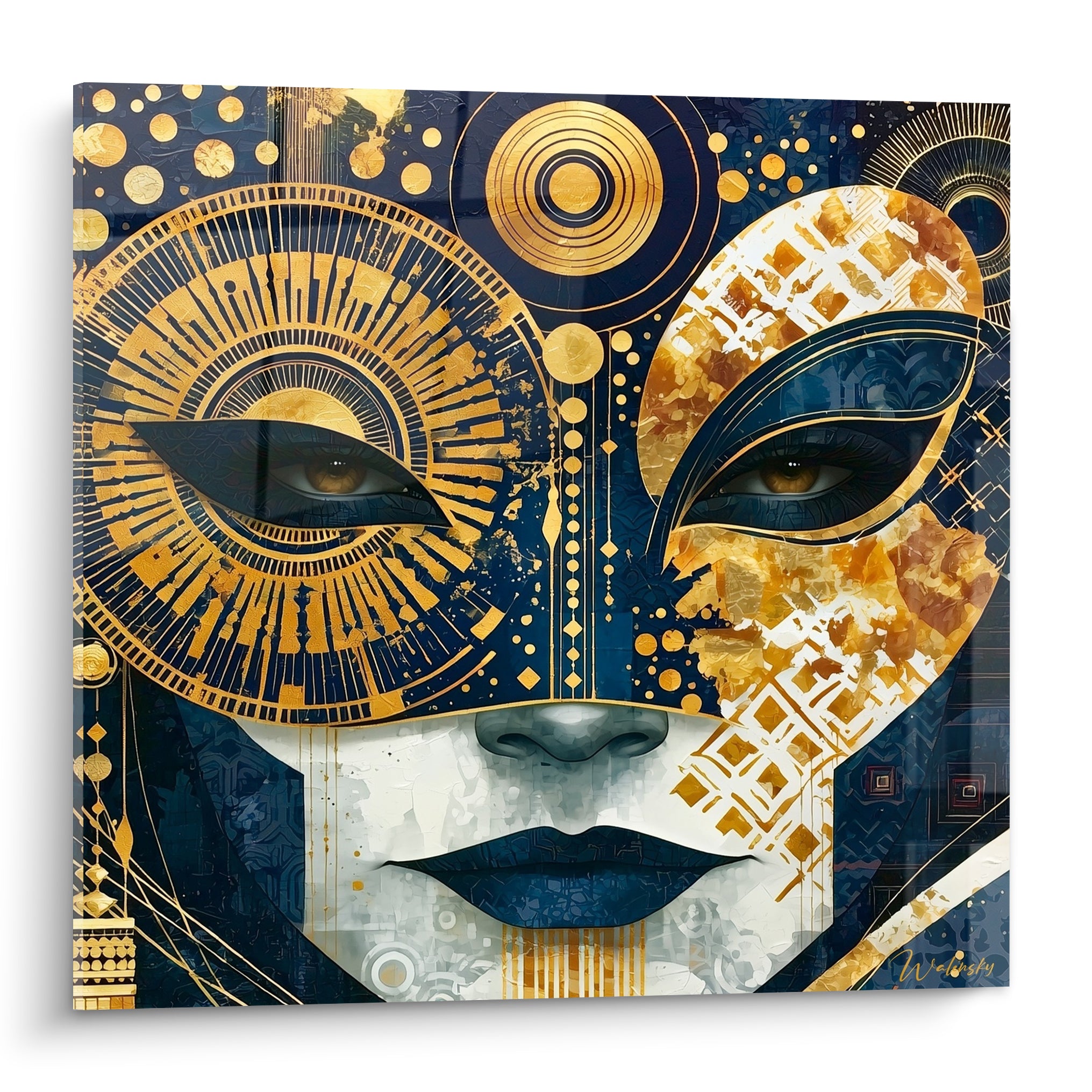 Masque de venise bleu marine et doré, regard perçant, motifs géométriques ciselés en pleine lumière
