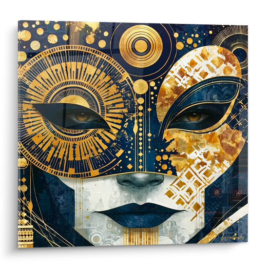 Masque de venise bleu marine et doré, regard perçant, motifs géométriques ciselés en pleine lumière