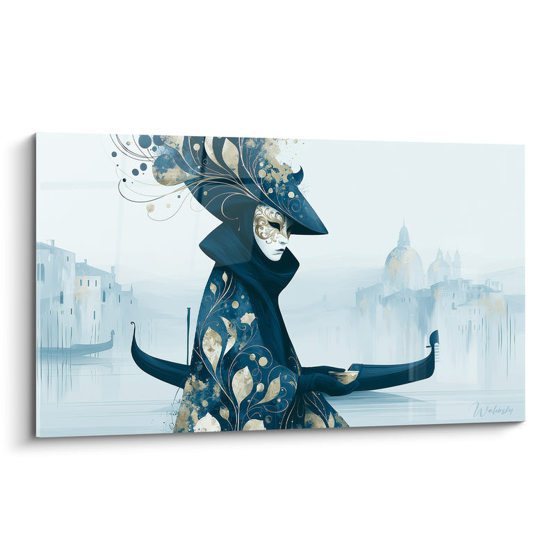 Tableau Masque bleu marine et doré au grand chapeau ailé - Silhouette près de la gondole - Edition Masque de venise
