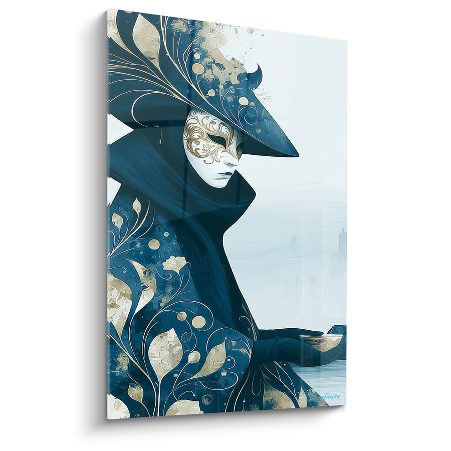 Venetian Mask Painting in Navy Blue and Gold with Floral Foliage - Distant Misty City - Venice Mask Edition