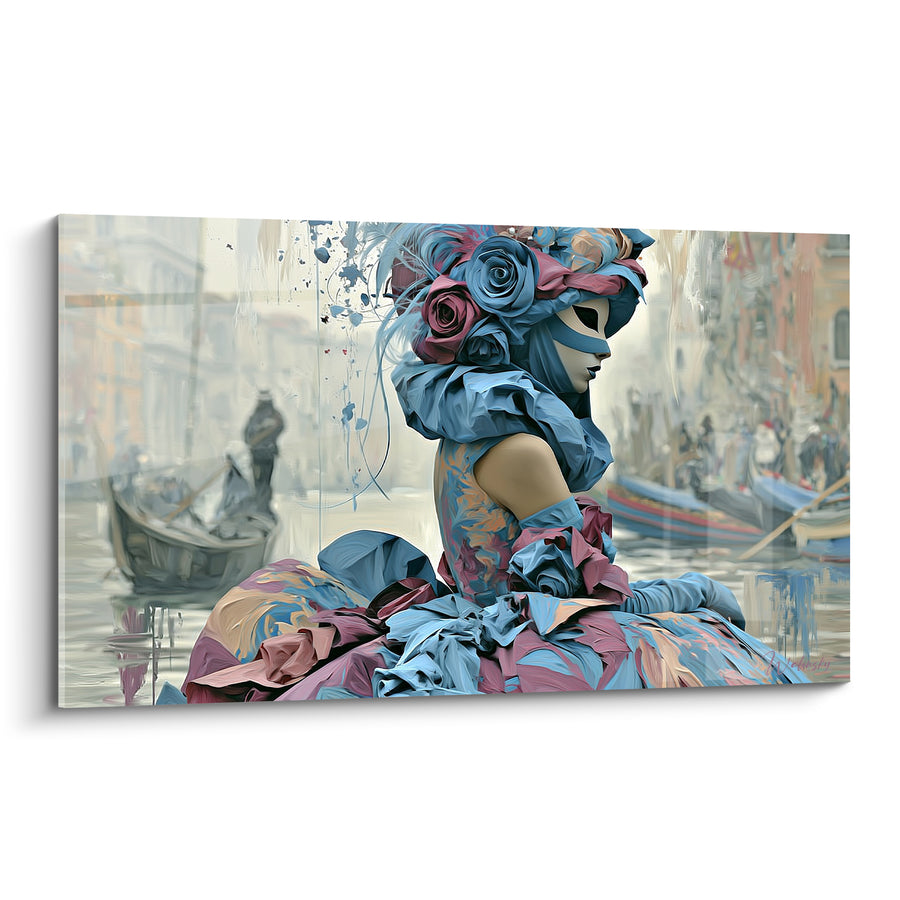 Blue and Pink Silhouette Painting with Roses Draped - Gondola on the Canal - Venice Mask Edition